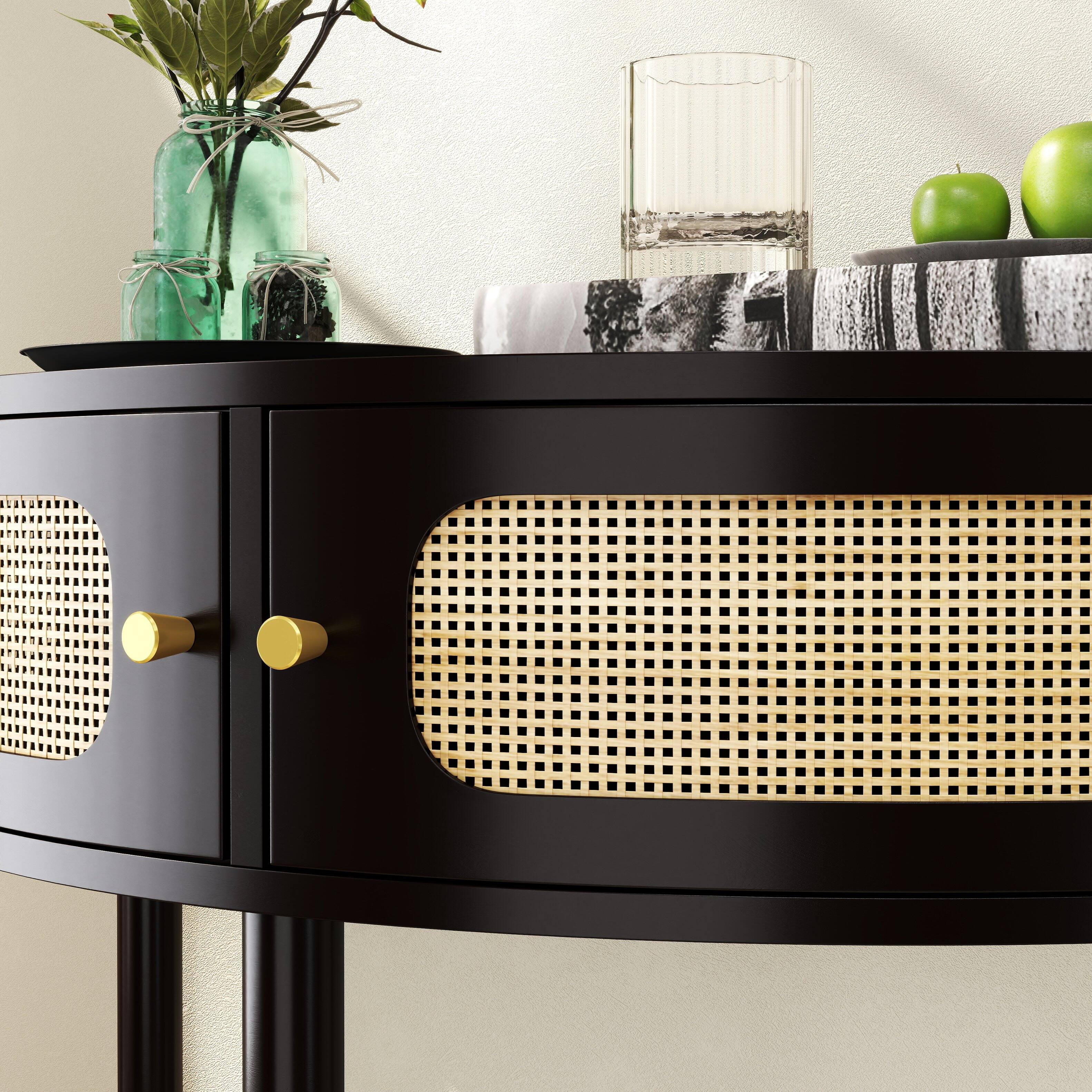 Alt View 4. Tiramisubest - Boho Rattan Semi Circle End Table with Sliding Door,Elegant Black Wood Accent Table with Storage and Bottom Shelf - Black.