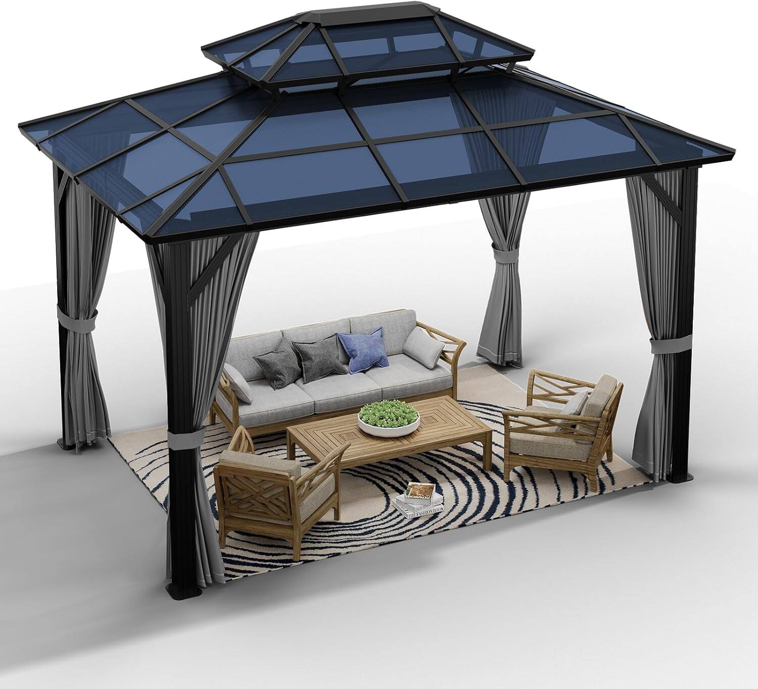 Front. Acekool - 10x13FT Hardtop Gazebo, Double Polycarbonate Roof, Aluminum Frame, Netting & Curtains, Outdoor Pavilion, Gray - Gray.