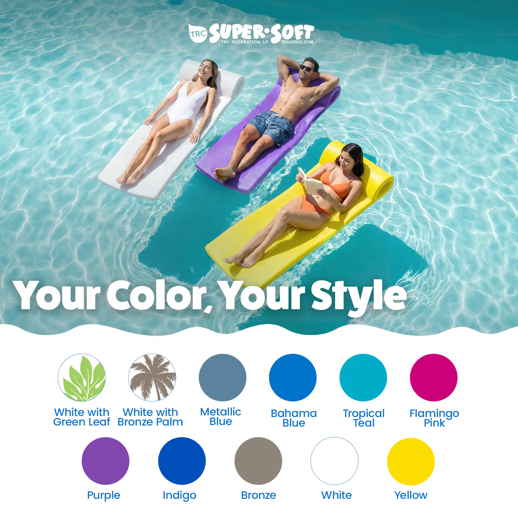 TRC SUPER THC RECREATION PER.SOFT LP EXASREC.COM

Your Color, Your Style

White with Green Leaf
White with Bronze Palm
Metallic Blue
Bahama Blue
Tropical Teal
Flamingo Pink
Purple
Indigo
Bronze
White
Yellow