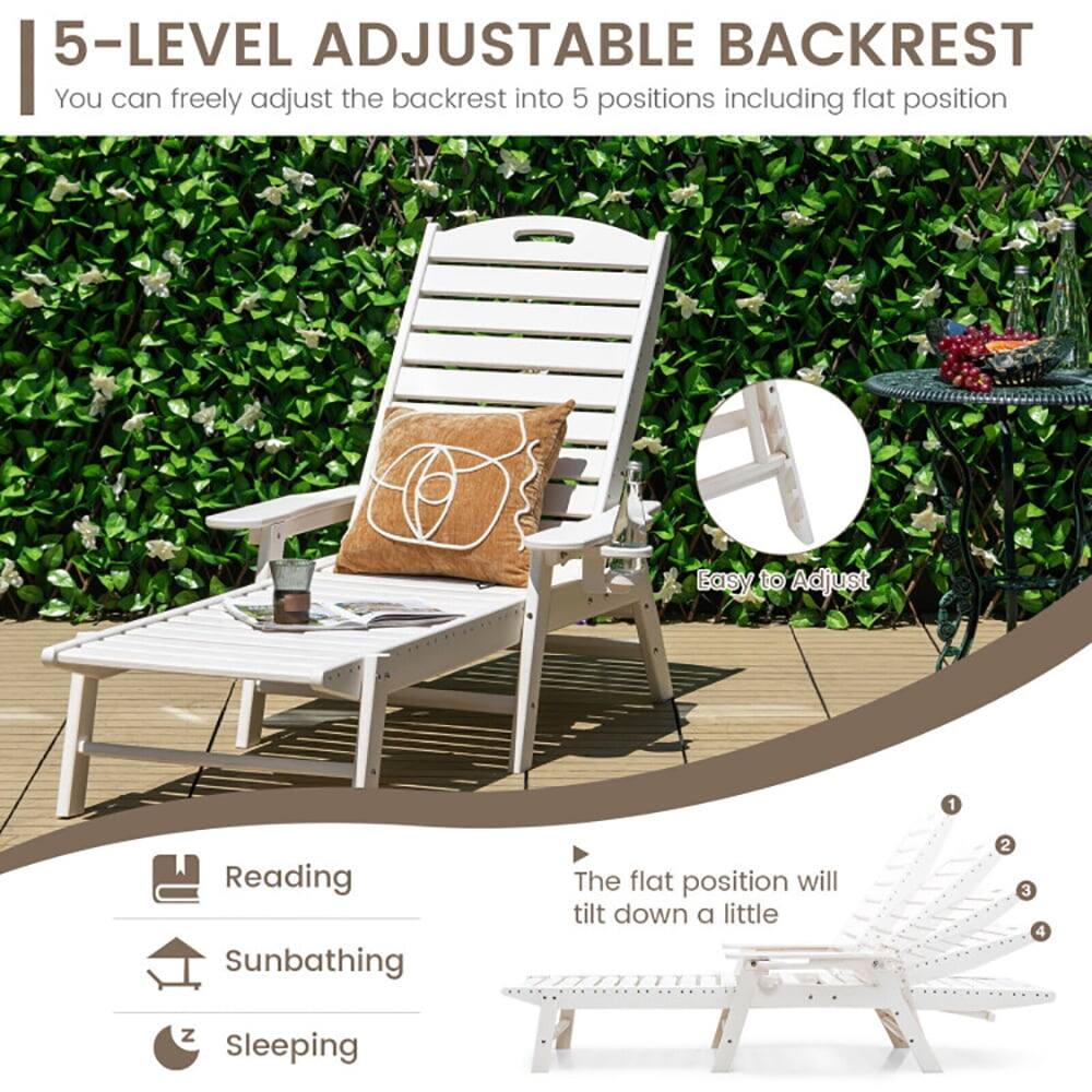 5-LEVEL ADJUSTABLE BACKREST  
You can freely adjust the backrest into 5 positions including flat position  

Easy to Adjust  

1. Reading  
2. Sunbathing  
3. Sleeping  

The flat position will tilt down a little