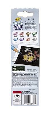 LZBOI  
Crayola Metallic Colored Pencils  
Crayola Metallic Colored Pencils  
Kids and adults love the metallic shine to their art projects - on light or dark paper!  
Copper  
Gold  
Silver  
Blue  
Purple  
Red  
Green  
Yellow  
AP Seal  
100% Recyclable  
Crayola.com  
AP Non-Toxic  
555704