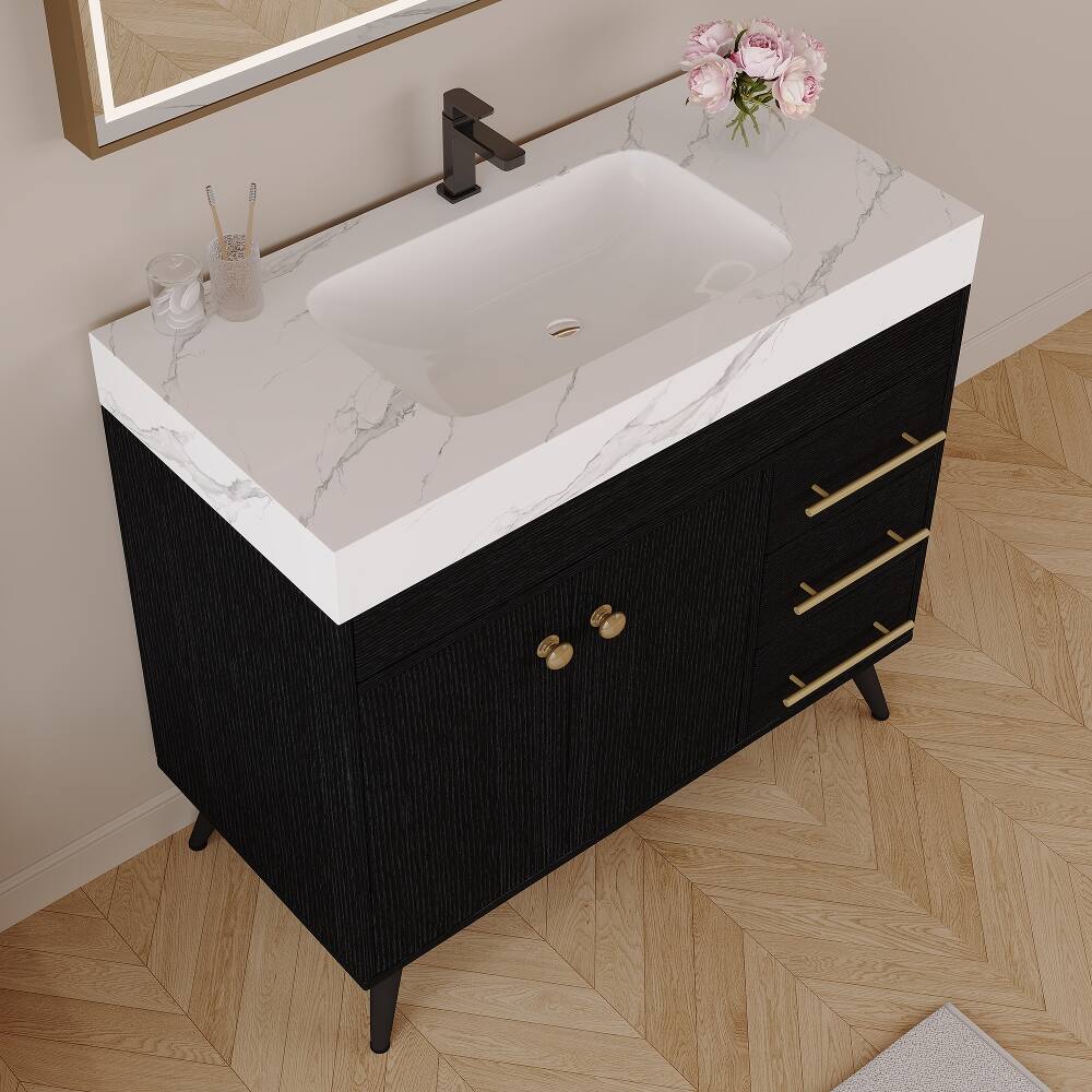 Alt View 1. Loheer - Loheer 36 inch freestanding bathroom vanity with integrated ceramic sink and faux marble top - Black, White.