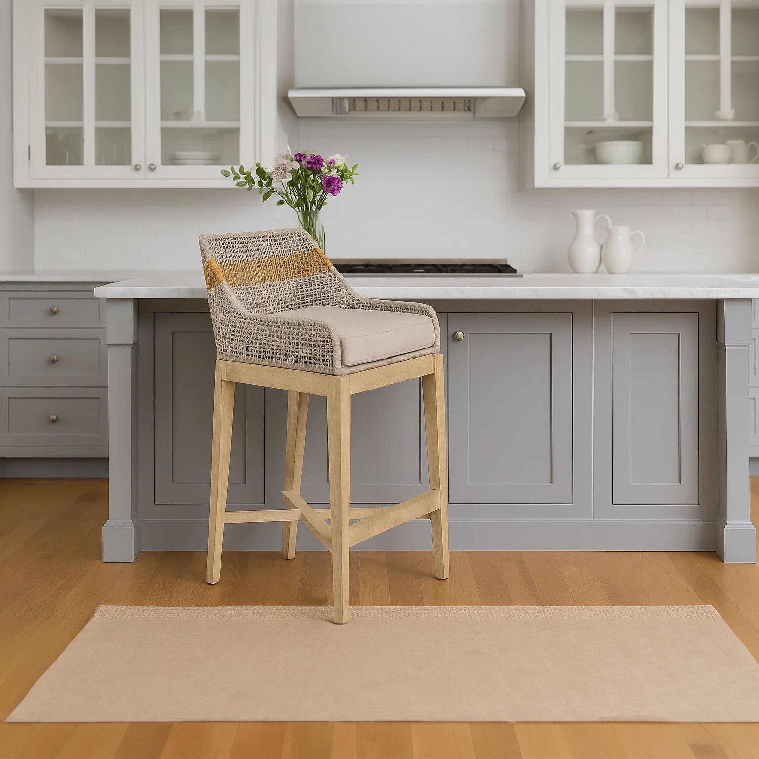 Alt View 10. Manhattan Lane - Avira 30 Inch Barstool Chair | Handcrafted Mango Wood | Cotton Rope Weaving | Beige Cushion - Natural Brown, Beige.