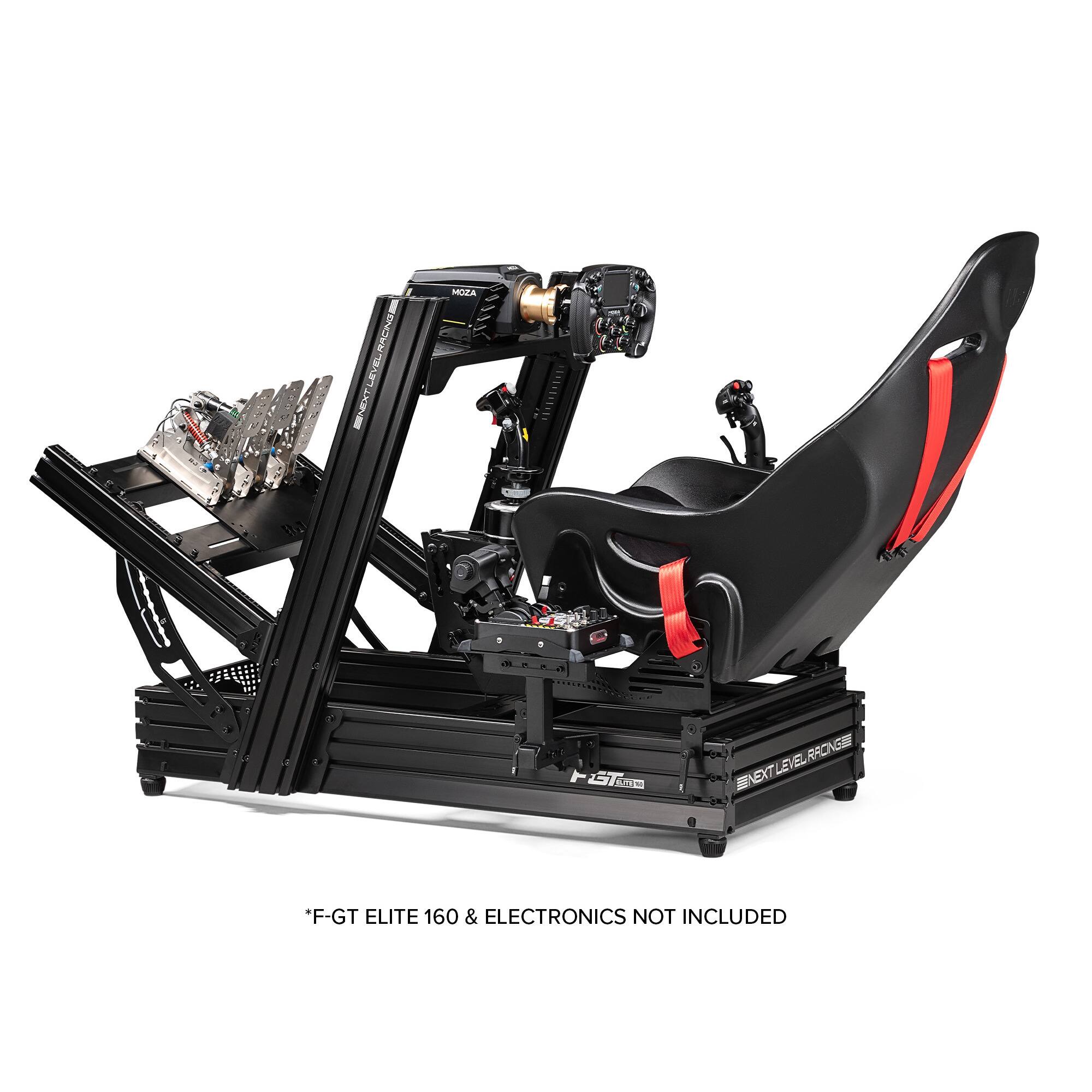 The image features a racing simulator with a black seat and a steering wheel. The simulator is designed for use with a PlayStation 3 and includes a racing wheel and pedals. The product is advertised as a "F-GT Elite 160 & Electronics Not Included."