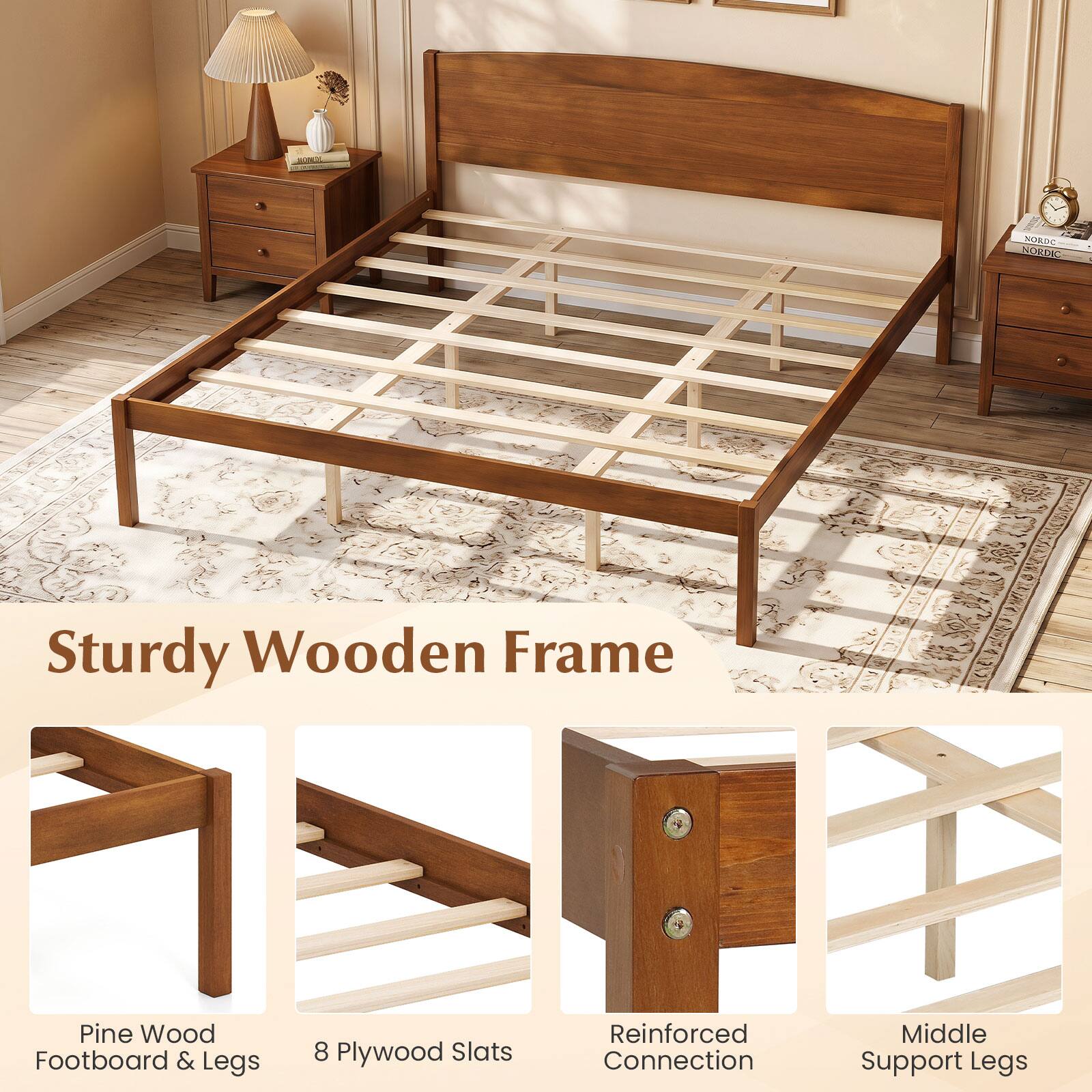 BONCH  
NORDIC  
Sturdy Wooden Frame  
Pine Wood Footboard & Legs  
8 Plywood Slats  
Reinforced Connection  
Middle Support Legs