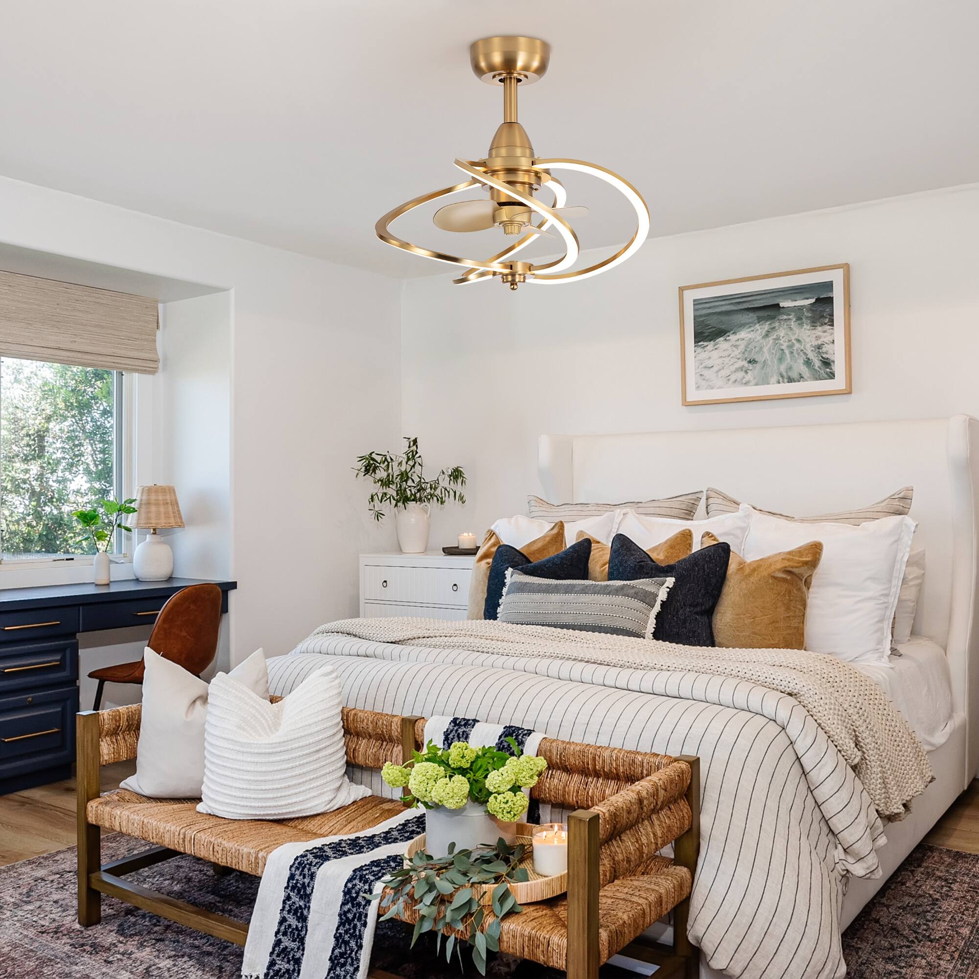 Alt View 1. Breezary - 20-Inch Indoor Gyro Cage Ceiling Fan with Light Kit, 3 ABS Blades, DC Motor, 6-Speed Remote Control, Timer, 6-In Downrod - Antique Brass with Gold-Copper.