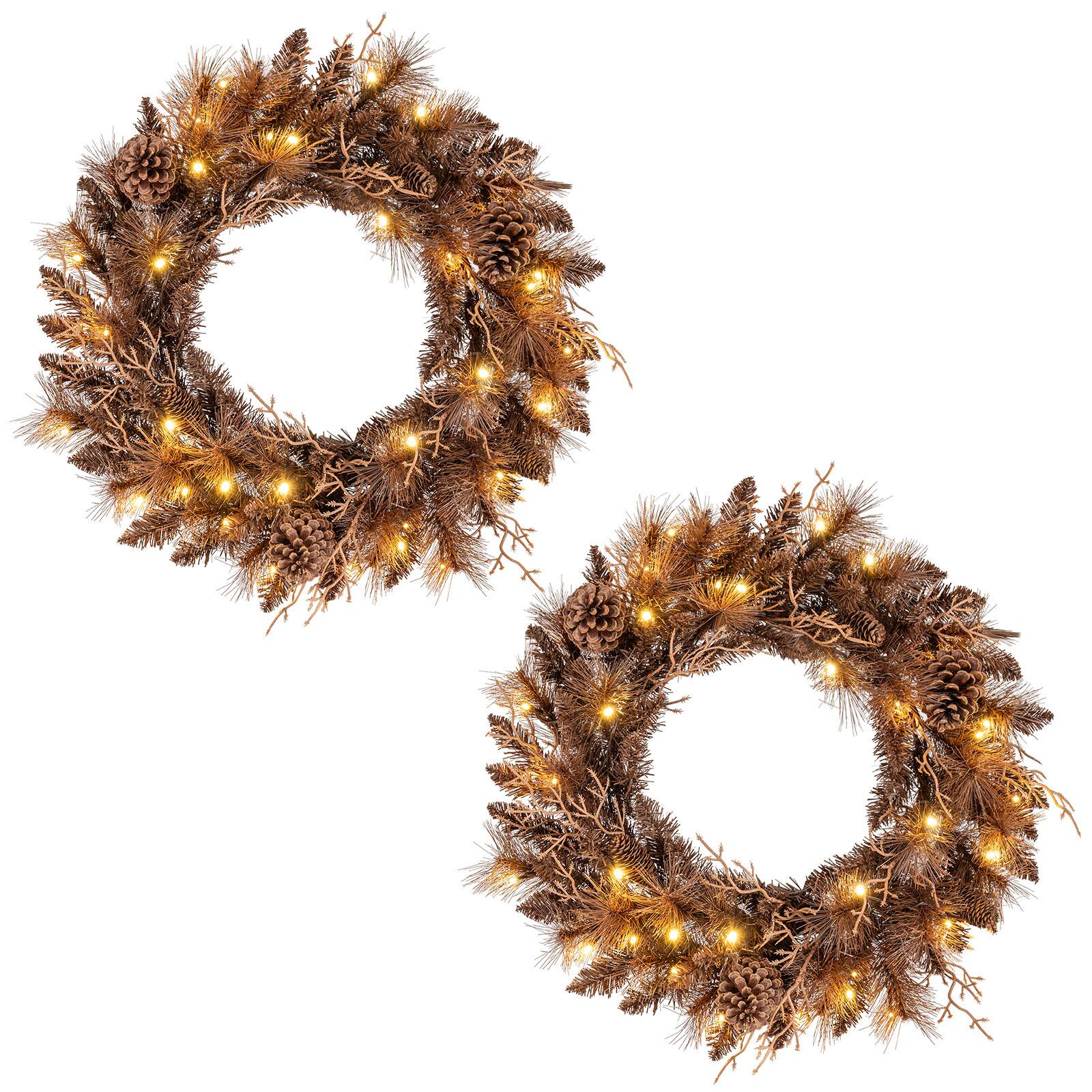 Costway - 2 PCS 24" Pre-lit Christmas Wreath Front Door Artificial Xmas Wreath with 105 Branch Tips - Brown