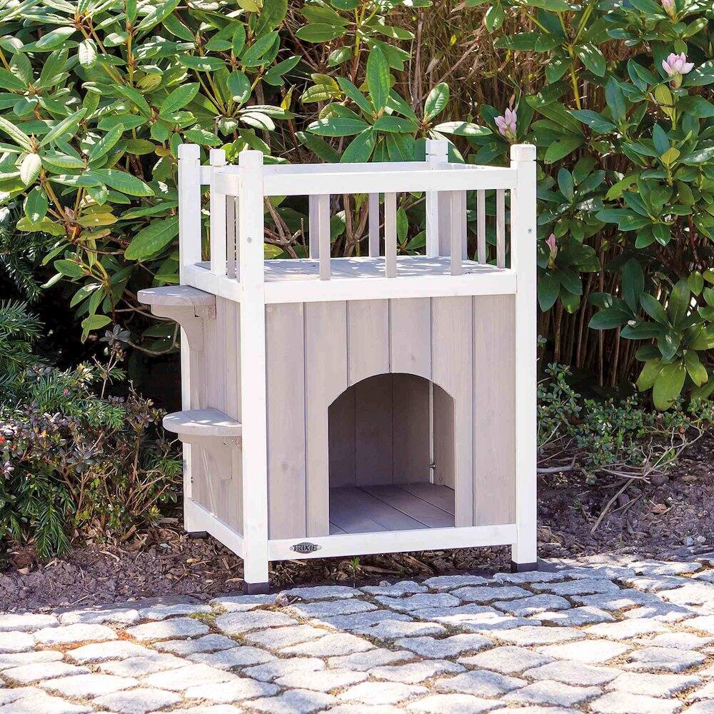 Angle. TRIXIE - Natura 1-Story Weatherproof Elevated Outdoor Cat Shelter with Balcony, Gray - Gray/White.