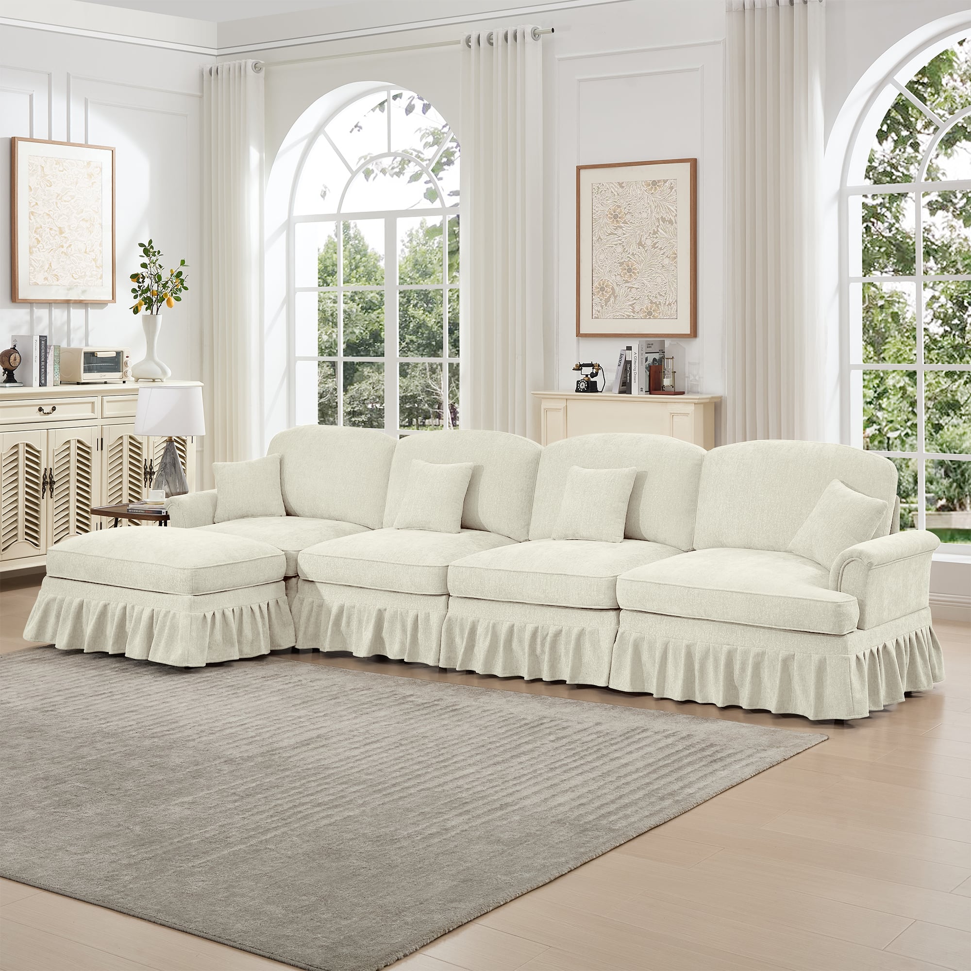 Anysun - Classic L-Shape Chenille 4-Seat Sectional with Ottoman - Flared Arms, Ruffled Skirt & Spindle Legs, Deep Seat - Beige