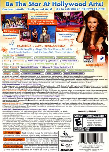 **Be The Star At Hollywood Arts!**  
Devien l'étoile d'Hollywood Arts!  
¡Sé la estrella en Hollywood Arts!  

**Create an awesome outfit for your character!**  
Devien un costume superbe pour ton personnage!  
Crea un atuendo maravilloso para tu personaje!  

**Be the star!**  
Devien la vedette!  
¡Sé la estrella!  

**Sing, dance and act!**  
Chante, danse et joue la comédie!  
Canta, baila y actúa!  

**FEATURING - AVEC - PROTAGONISTAS**  
All I Want Is Everything - Beggin' On Your Knees - Give it Up - Best Friend's Brother - Freak the Freak Out - You're The Reason  

**Xbox 360 | Xbox LIVE | Kinect**  
1-2 joueurs  
12 joueurs  
Amis  
Succès  
Capteur Kinect requis  
Amigos  
Logros  
Se necesita sensor Kinect  

**DANGER**  
HIGH VOLTAGE  

**nickelodeon**  
www.nick.com  

**WARNING**  
Read instructions for important safety and health information.  
Avertissement  
Advertencia  

**EVERYONE**  
ENFANTS et ADULTES  

**ESRB CONTENT RATING**  
CLASSIFIE PAR L'ESRB  

**D3Publisher of America, Inc.**  
11500 W. Olympic Blvd., Suite 450  
Los Angeles, CA 90064  
www.D3PUBLISHER.US  

**Microsoft**  
Xbox 360  
Xbox LIVE  
Kinect  

**DOLBY**  
Digital  

**8 79278 22000 3**  

**MADE IN USA / FABRIQUÉ EN ÉTATS-UNIS**  
PRODUIT DE LA MARQUE / PRODUCT OF THE BRAND  
PRODUIT DE LA MARQUE / PRODUCT OF THE BRAND