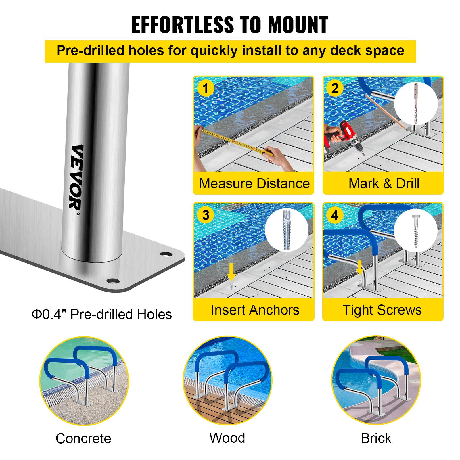 **EFFORTLESS TO MOUNT**

Pre-drilled holes for quickly install to any deck space

1. Measure Distance
2. Mark & Drill
3. Insert Anchors
4. Tight Screws

Φ0.4" Pre-drilled Holes

- Concrete
- Wood
- Brick