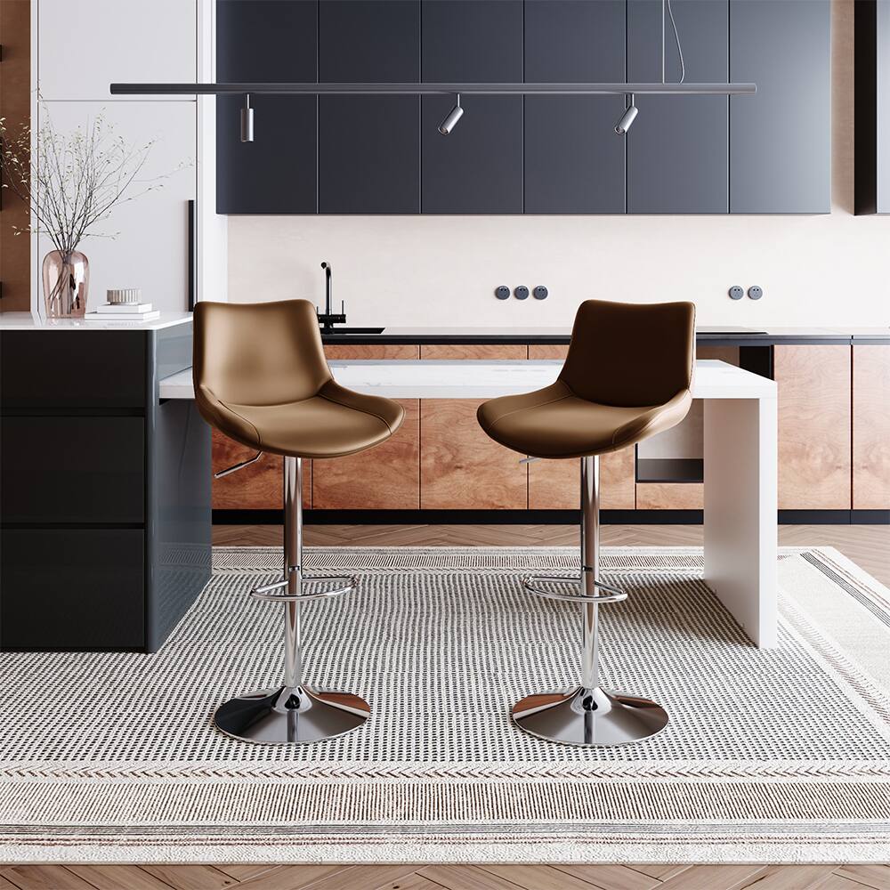 Angle. POVISON - Modern Minimalist Adjustable Height Swivel Faux Leather Bar Stools Set of 2, Brown Bar Chairs for Kitchen Island - Brown PU Leather.