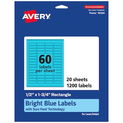 Go to avery.com/templates
AVERY
Use Avery Template Presta 94204
60 labels per sheet
20 sheets
1200 labels
1/2" x 1-3/4" Rectangle
Bright Blue Labels with Sure Feed Technology for Laser/Inkjet