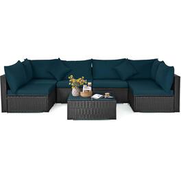 Costway - 7PCS Patio Rattan Sofa Set Sectional Conversation Furniture Set Garden Outdoor - Peacock Blue
