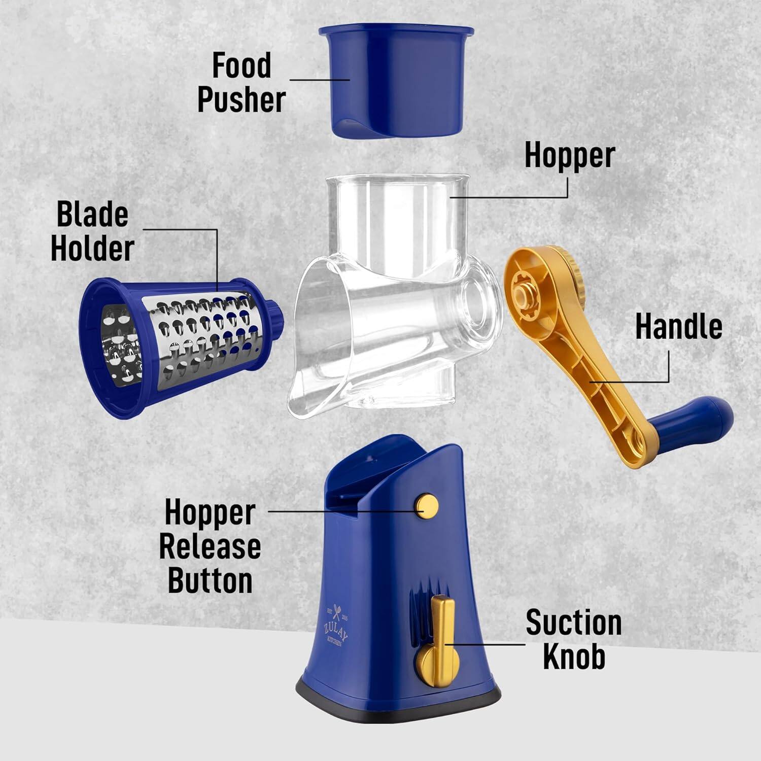 - Blade Holder
- Food Pusher
- Hopper
- Handle
- Hopper Release Button
- Suction Knob