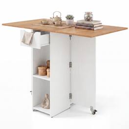Costway - Folding Dining Table with 2 Open Shelves & Drawer, 2 Lockable Universal Wheels - Natural+Black