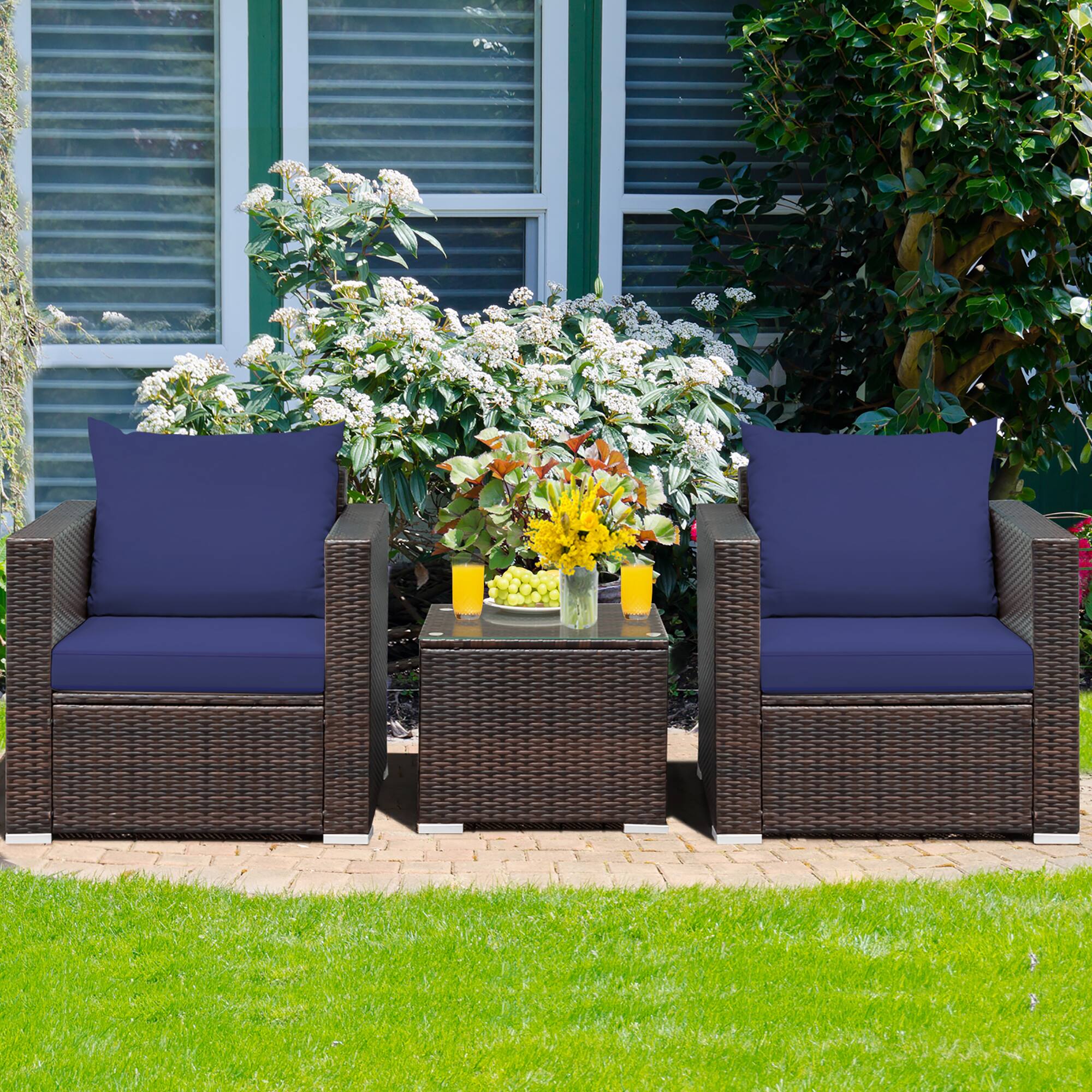 Alt View 2. Costway - Costway 3PCS Patio Rattan Furniture Set Conversation Sofa Cushioned - Navy.