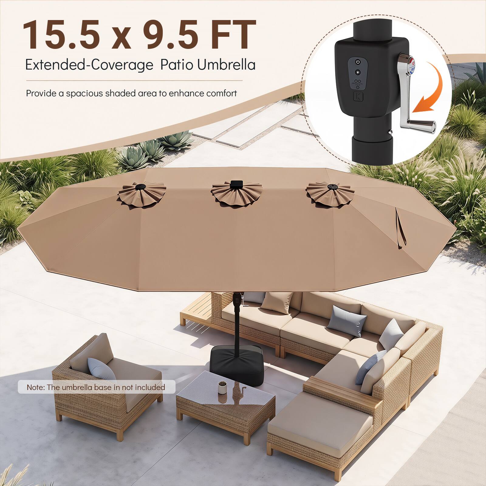 15.5 x 9.5 FT Extended-Coverage Patio Umbrella

Provide a spacious shaded area to enhance comfort

Note: The umbrella base is not included