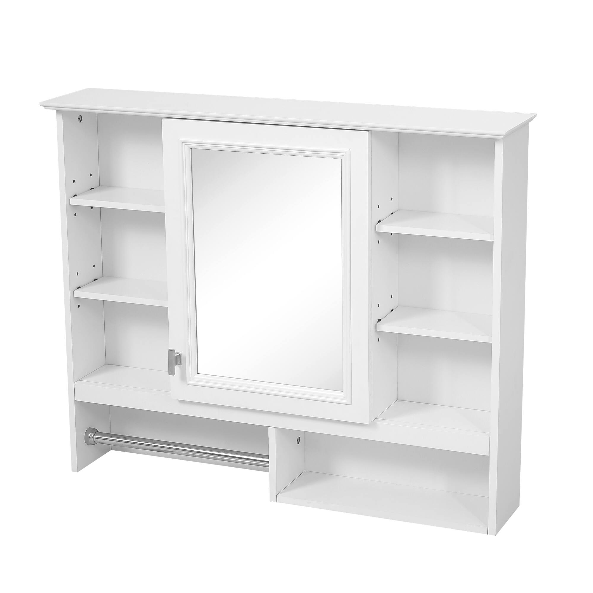 Left. Whisen - 35" Wall-Mount 2-in-1 Mirror Cabinet with Adjustable Shelves, Soft-Closing Hinges, Open Shelves - White.