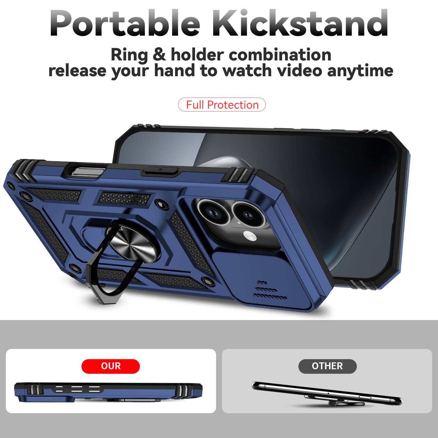 Portable Kickstand  
Ring & holder combination release your hand to watch video anytime  
Full Protection  

OUR  
OTHER