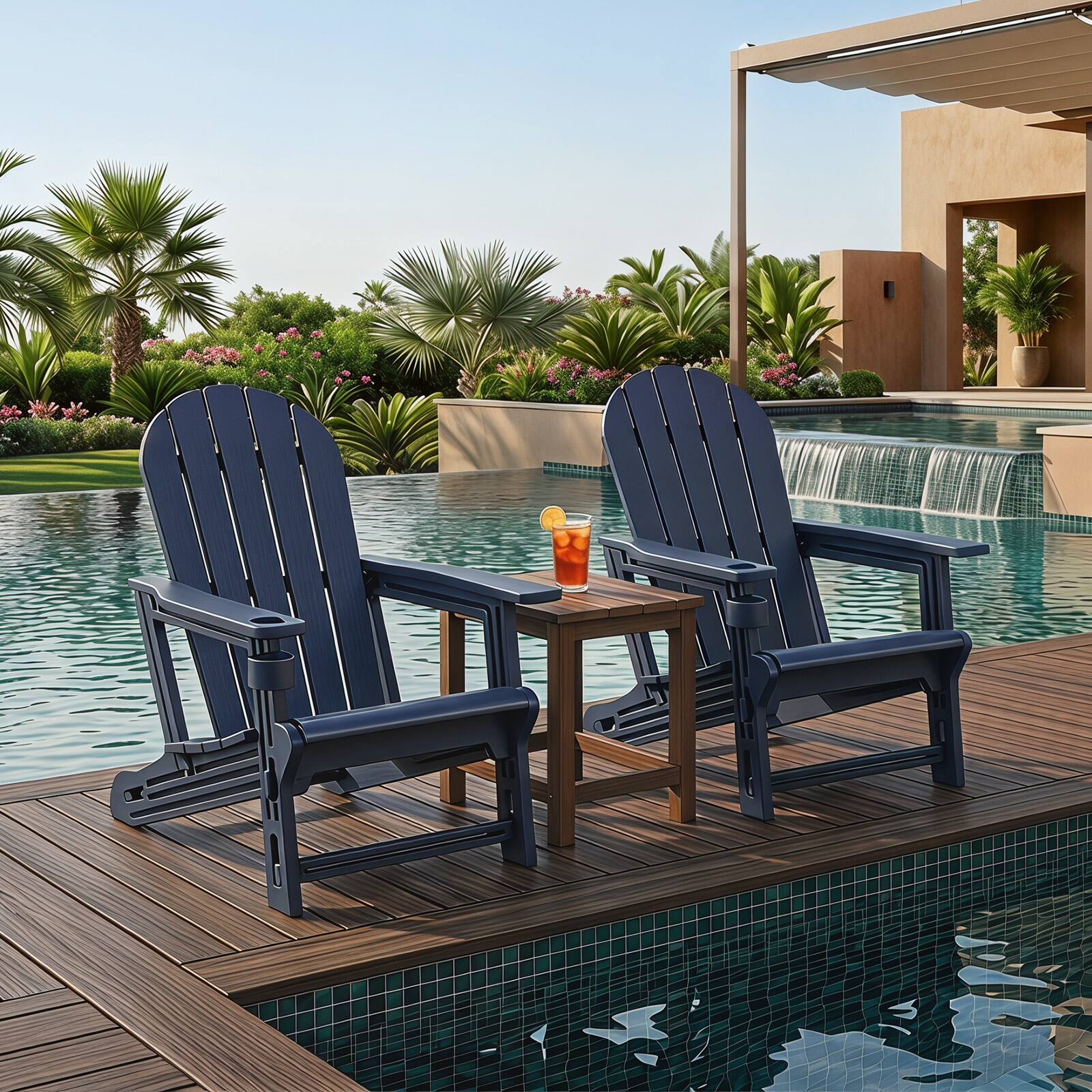 Alt View 3. Gymax - Gymax 4PCS Adirondack Chair w/ Cup Holder & Wooden Texture Outdoor Plastic Chair - Blue.