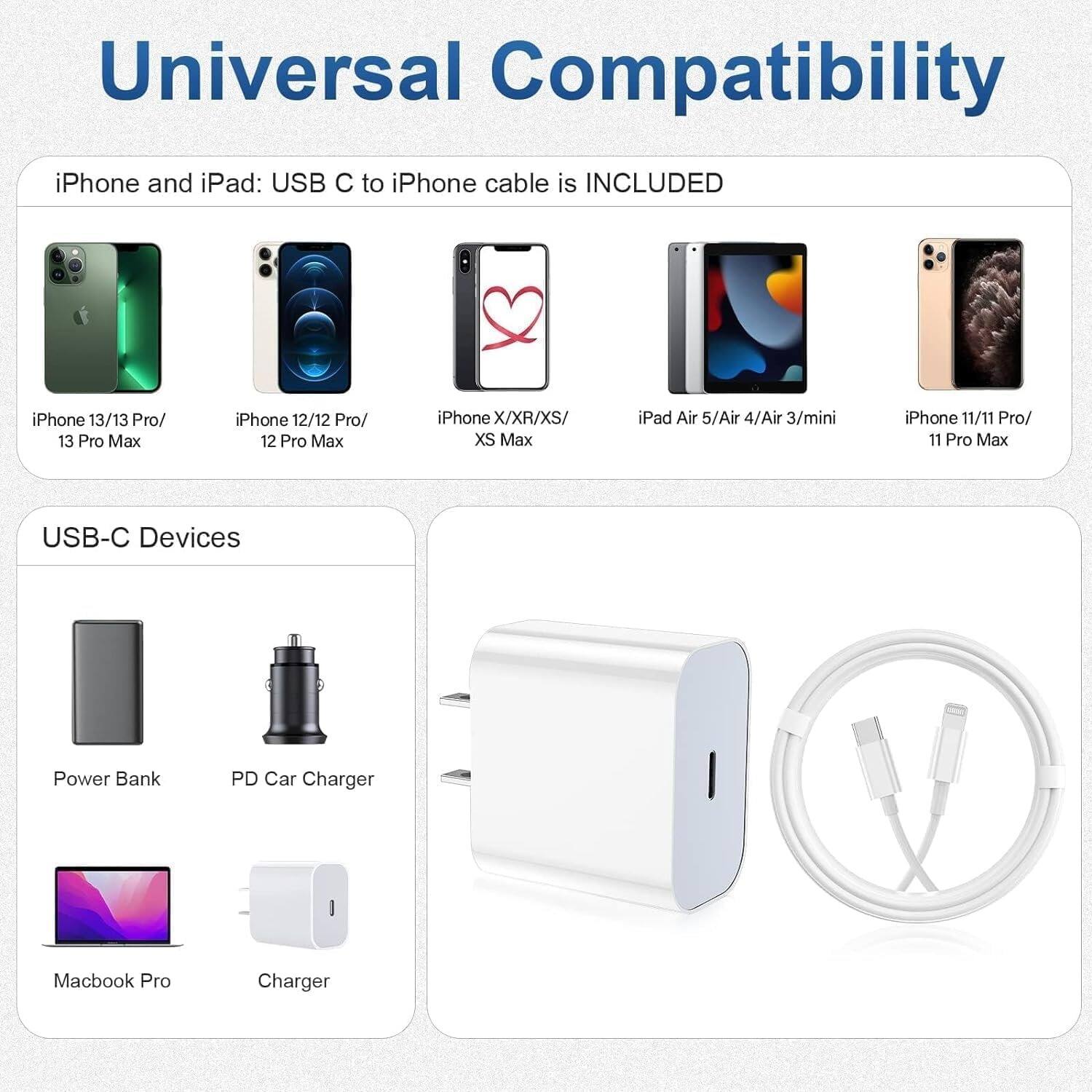 Universal Compatibility

iPhone and iPad: USB C to iPhone cable is INCLUDED

iPhone 13/13 Pro/ 13 Pro Max
iPhone 12/12 Pro/ 12 Pro Max
iPhone X/XR/XS/ XS Max
iPad Air 5/Air 4/Air 3/mini
iPhone 11/11 Pro/ 11 Pro Max

USB-C Devices

Power Bank
PD Car Charger
Macbook Pro
Charger