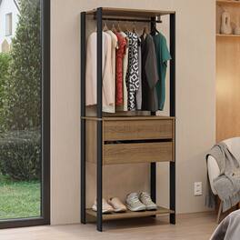 Madesa - Wardrobe Clothes Storage Rack with 2 Drawers and Hanging Space 27"L - Black/Brown - Rustic/Black