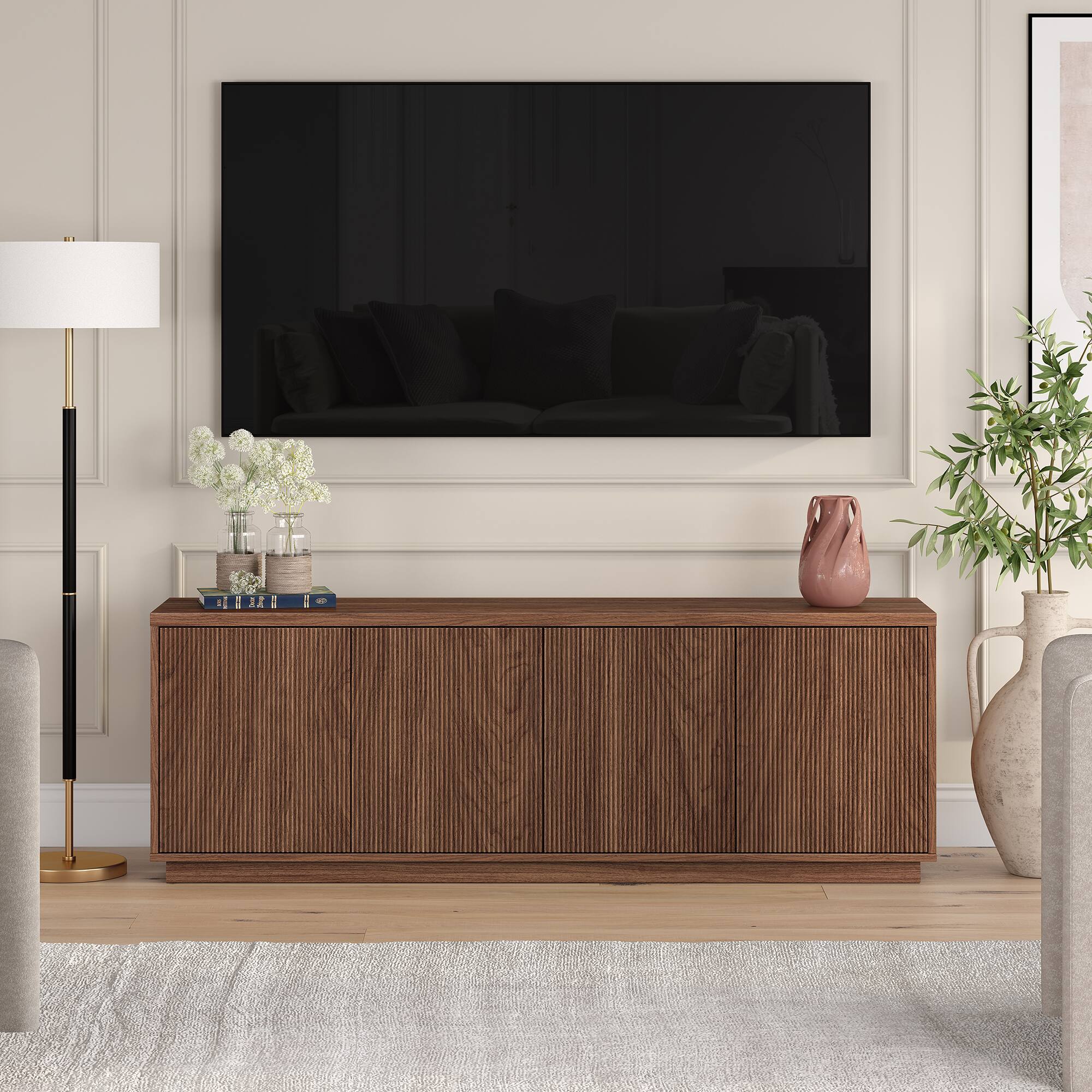 Alt View 2. Hudson&Canal - Hanson Rectangular Fluted TV Stand for TV's up to 75" in Satin Walnut - Satin Walnut.