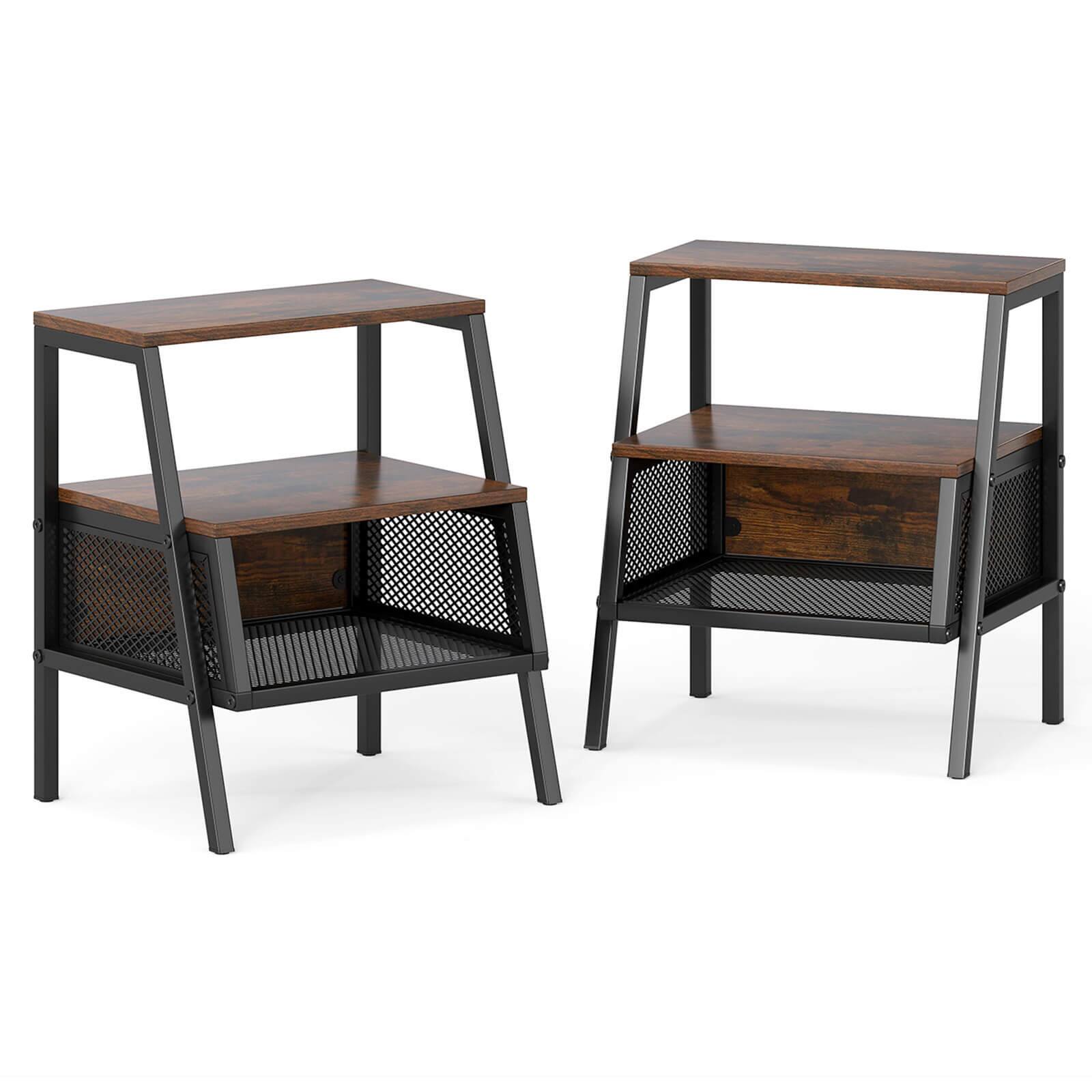 Costway - 2 PCS Industrial Nightstand 3-Tier End Table with 2 Open Shelves & Metal Mesh Compartment - Brown