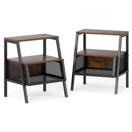 Costway - 2 PCS Industrial Nightstand 3-Tier End Table with 2 Open Shelves & Metal Mesh Compartment - Brown