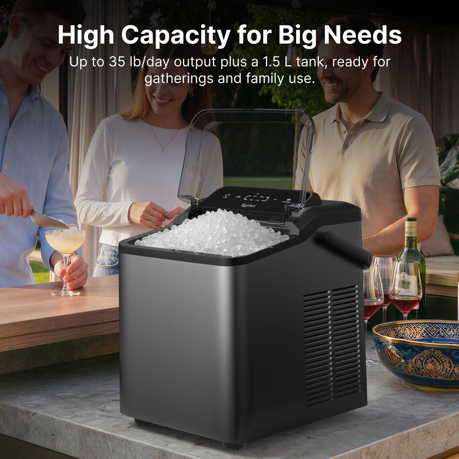 High Capacity for Big Needs  
Up to 35 lb/day output plus a 1.5 L tank, ready for gatherings and family use.