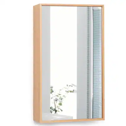 Front. Pefilos - Bamboo Bathroom Medicine Cabinet with Mirror, Wall Mounted Single Mirror Door Storage Cabinet with 2 Adjustable Shelf - Beige.
