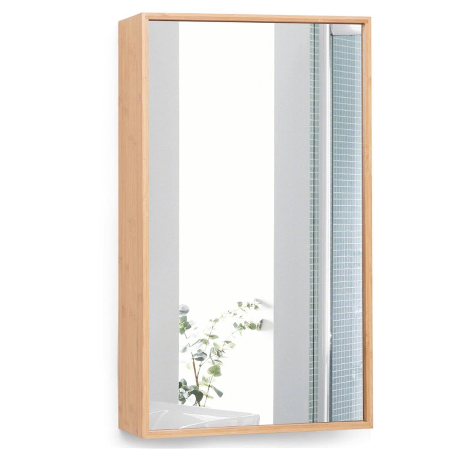 Front. Pefilos - Bamboo Bathroom Medicine Cabinet with Mirror, Wall Mounted Single Mirror Door Storage Cabinet with 2 Adjustable Shelf - Beige.