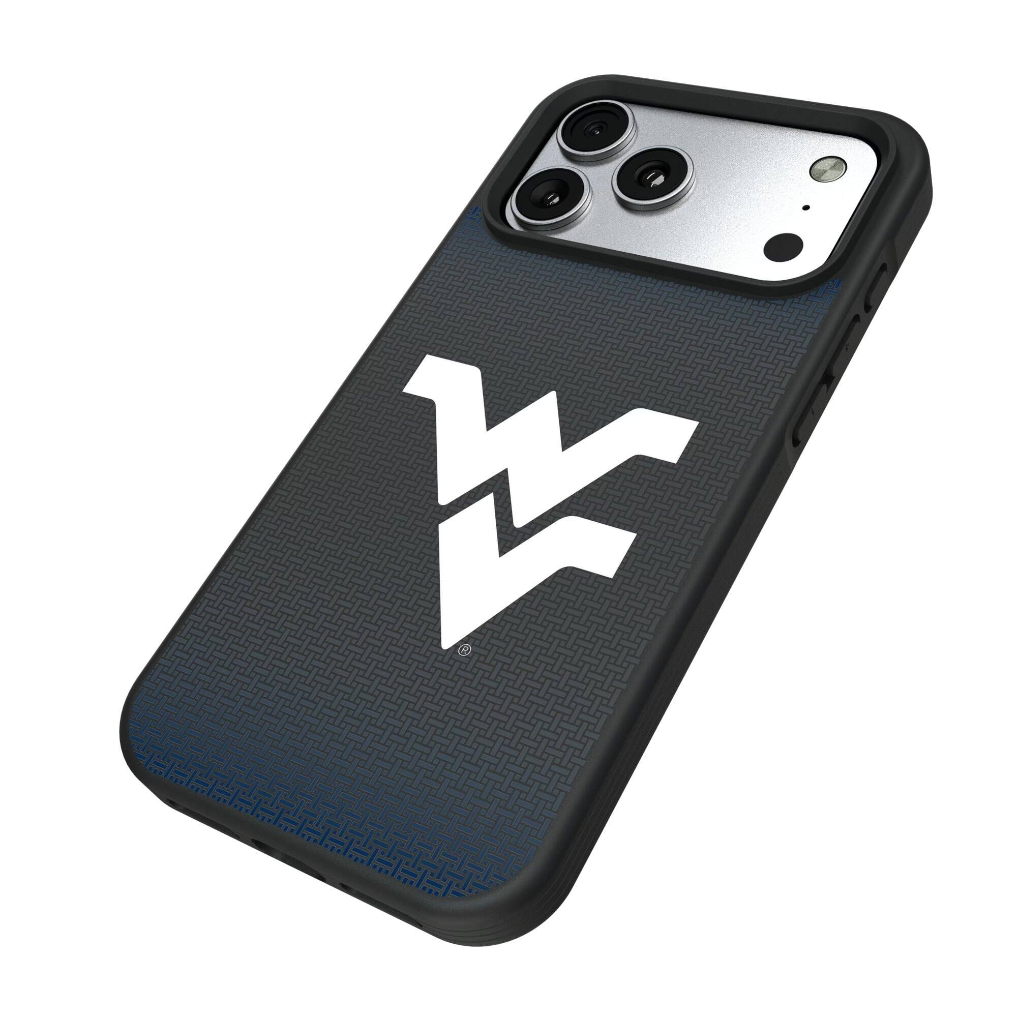 Alt View 1. Keyscaper - West Virginia Mountaineers Linen Logo iPhone Bump Case - 15 Plus - Black.