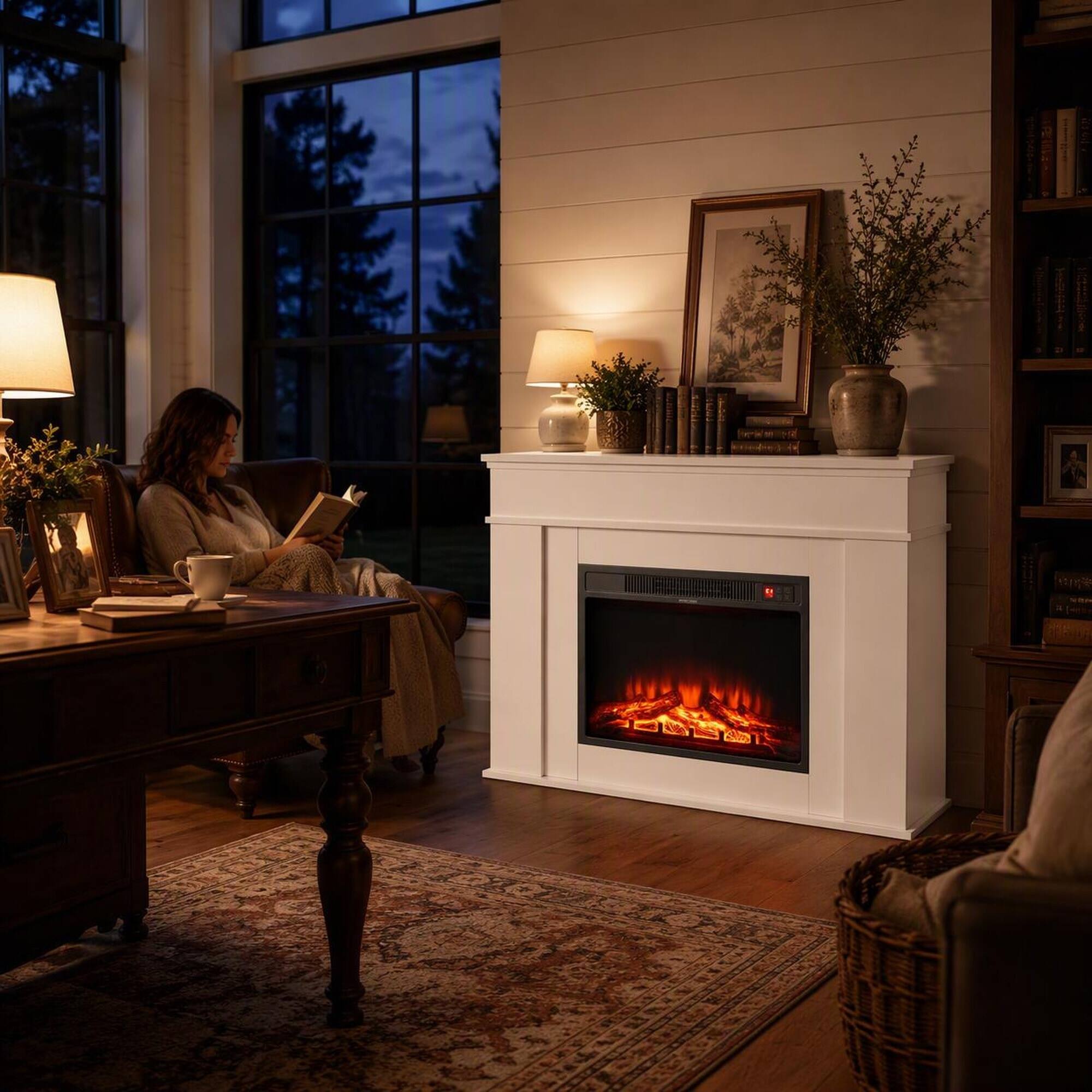 Left. RYHNUYNE - 43-Inch Freestanding Electric Fireplace with Mantel, 1500W/5120 BTU Heater, Adjustable 3D Flame, Remote & Timer - Black.