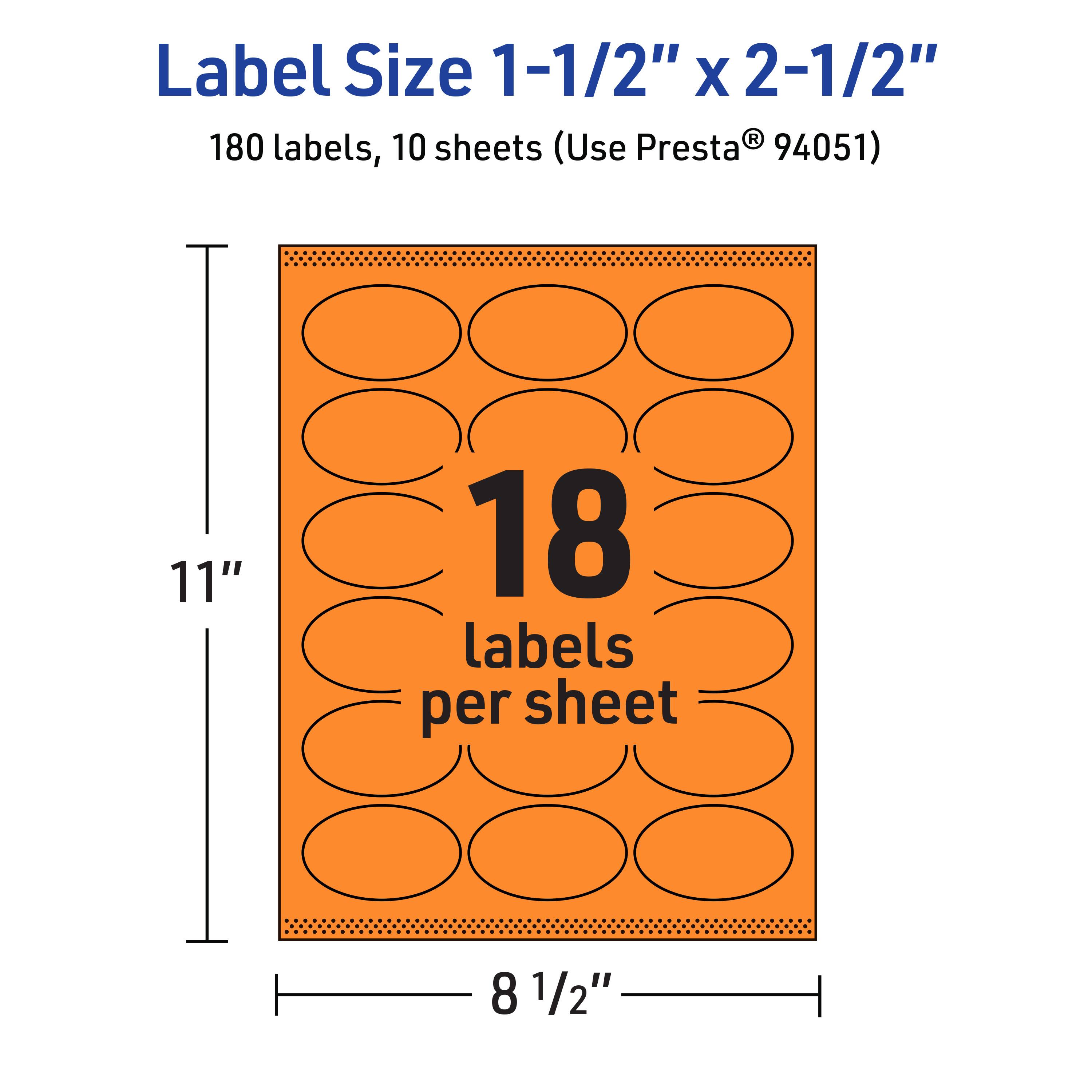 Label Size 1-1/2" x 2-1/2"  
180 labels, 10 sheets (Use Presta® 94051)  
18 labels per sheet  
11" x 8 1/2"