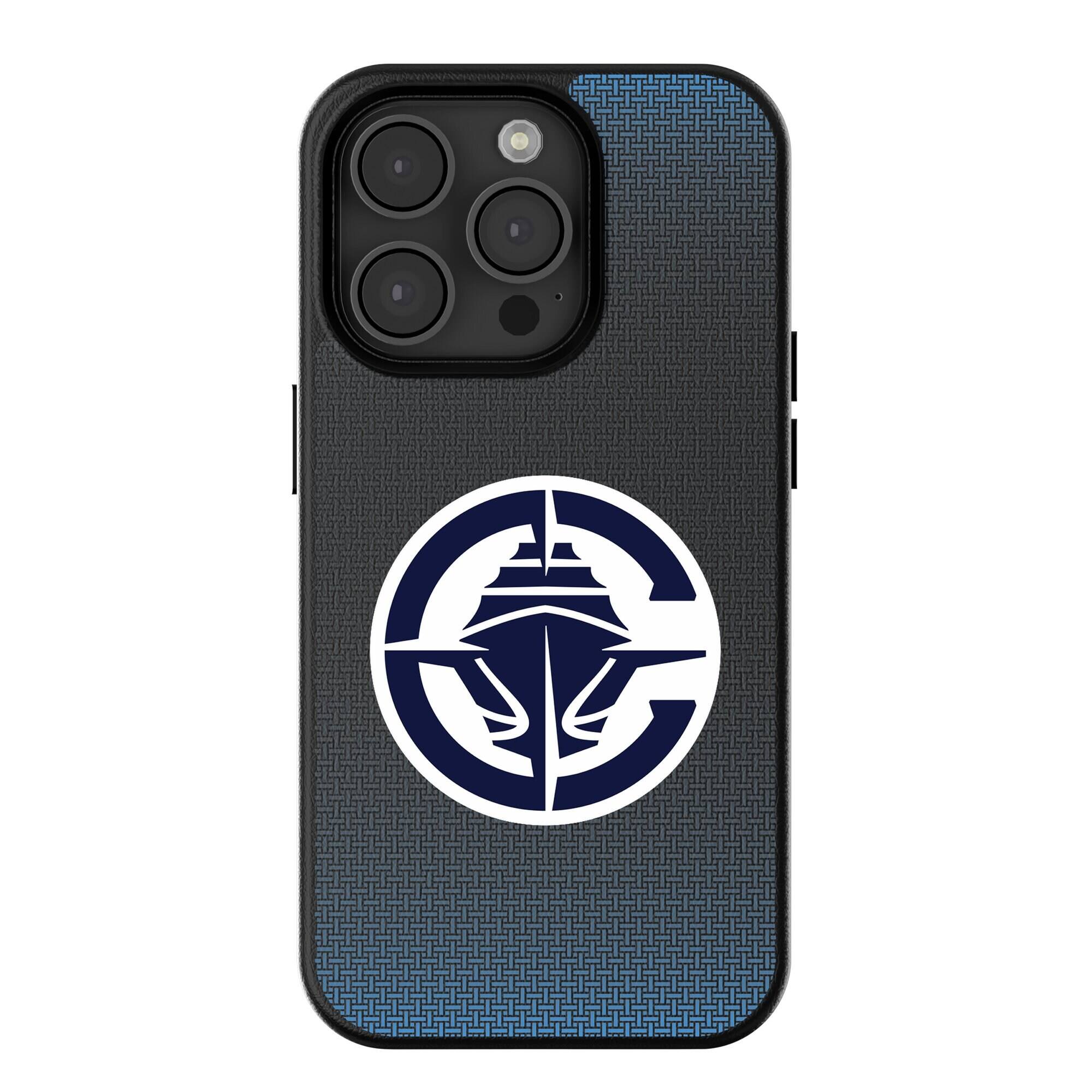 Front. Keyscaper - LA Clippers Linen Logo iPhone Magnetic Bump Case - 15 Pro - Black.