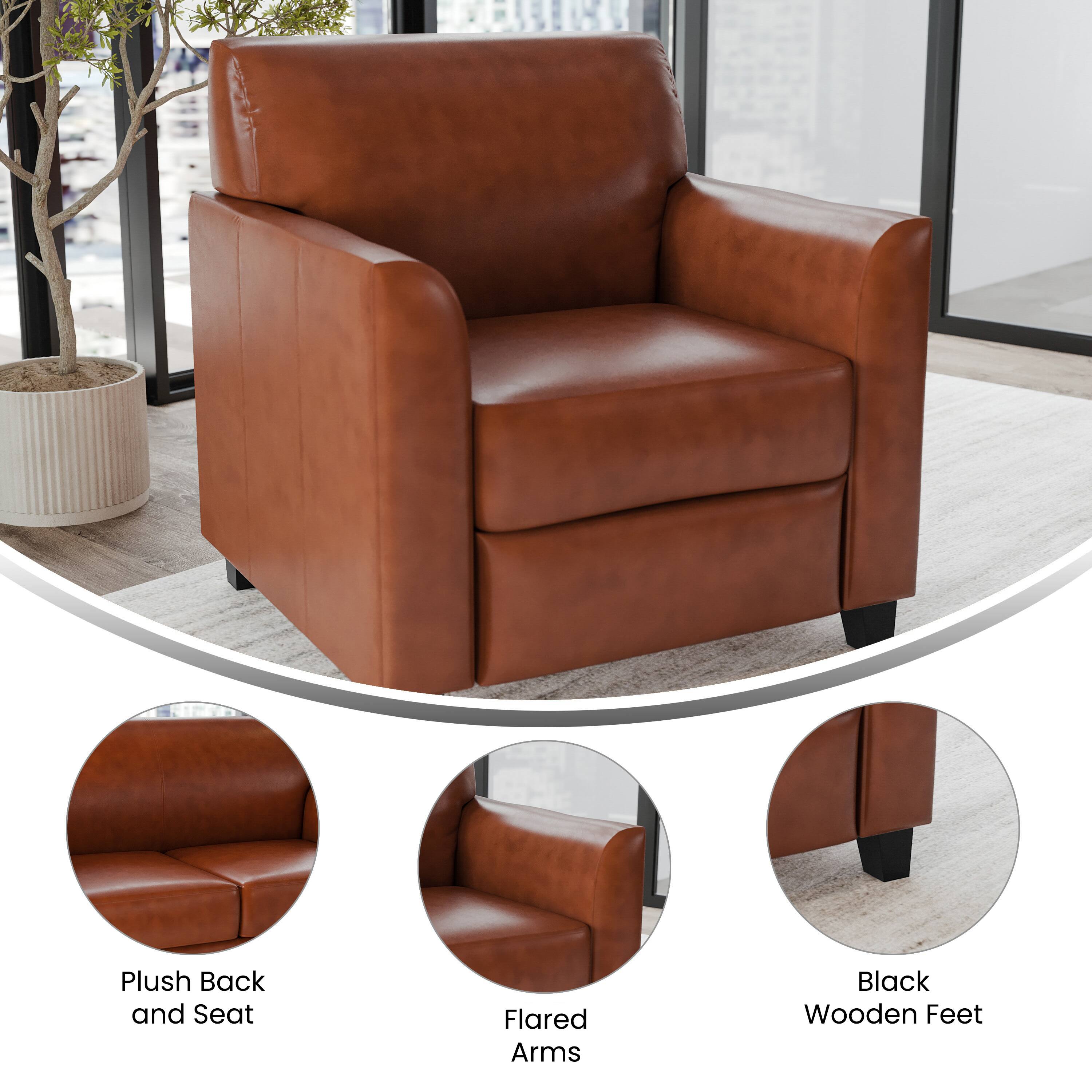 Plush Back and Seat  
Flared Arms  
Black Wooden Feet