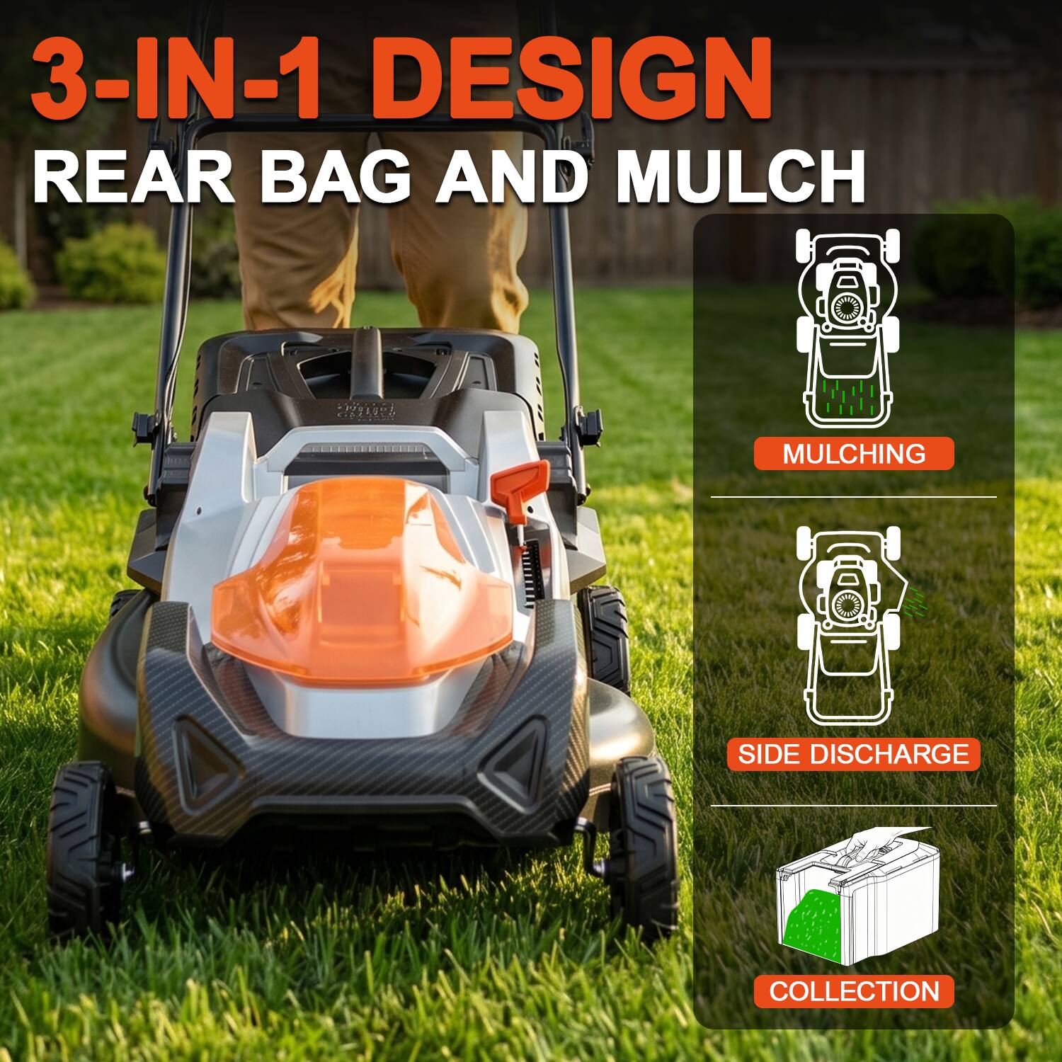 3-IN-1 DESIGN REAR BAG AND MULCH

- MULCHING
- SIDE DISCHARGE
- COLLECTION
