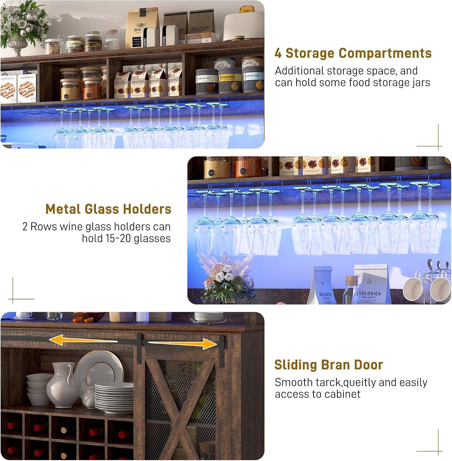 REVEL  
REVELATION

4 Storage Compartments  
Additional storage space, and can hold some food storage jars

Metal Glass Holders  
2 Rows wine glass holders can hold 15-20 glasses

BILLOGICA  
OLOGICA ORGANIC

Sliding Bran Door  
Smooth track, quietly and easily access to cabinet