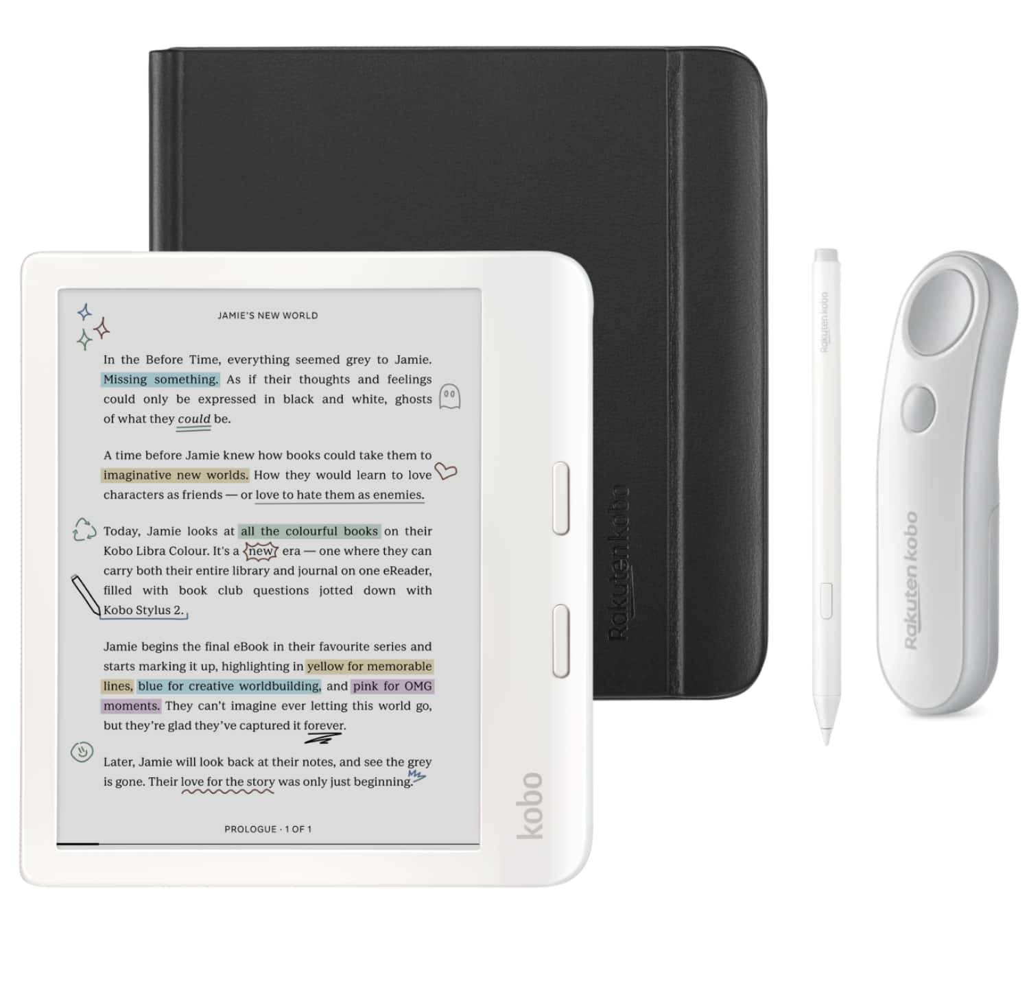 Kobo - Libra Colour (White) eReader with White Remote & White Stylus 2Gen Bundle - 2024 - Black Notebook SleepCover