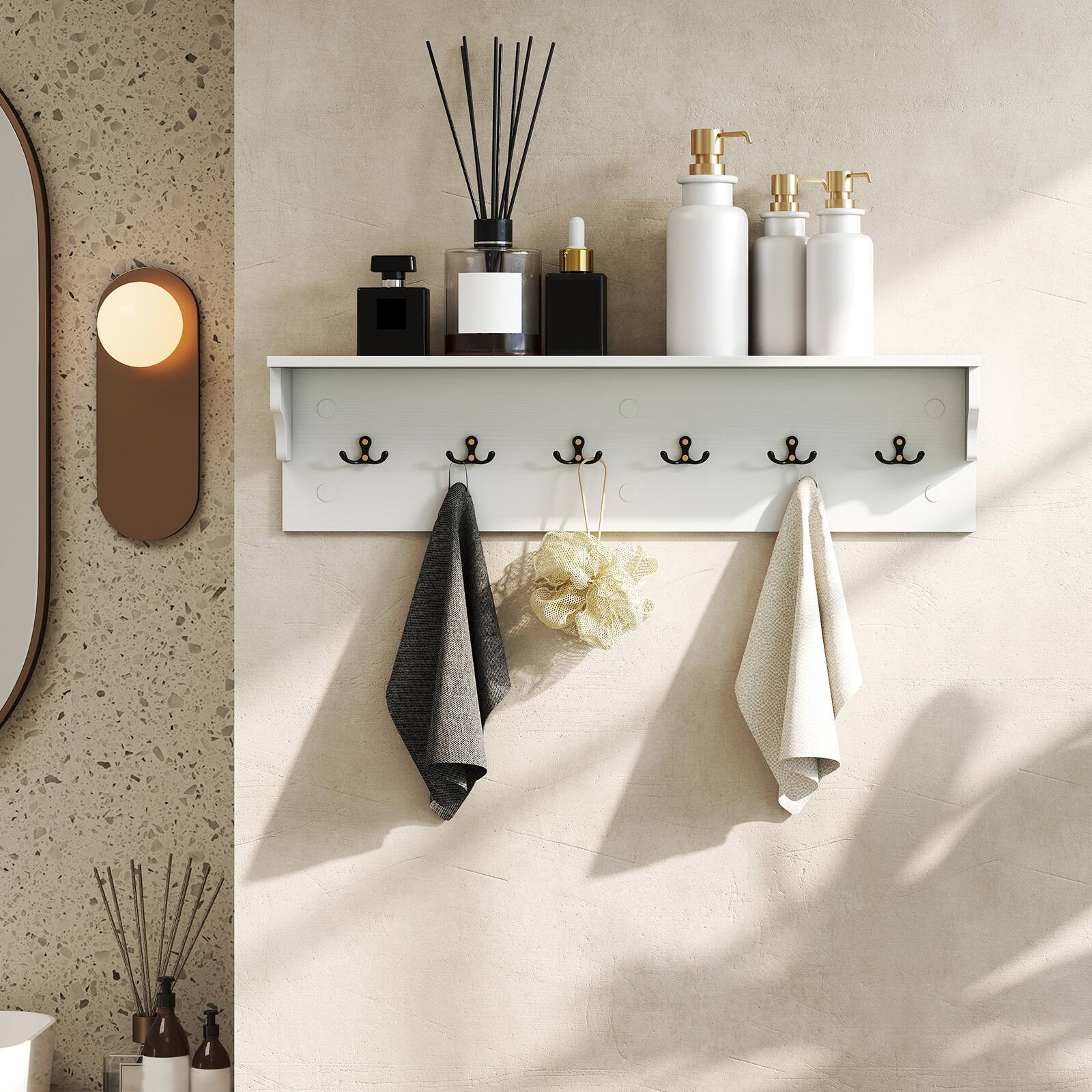 Alt View 5. Gymax - Gymax 31.5'' Wall Hooks w/Shelf 6 Hooks for Hats Towels Purses Robes for Living Room White - White.
