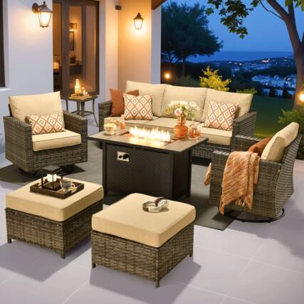 Front. Ovios - 7 PCS Patio Furniture Conversational Sofa with Swivel Chair, Side Table & 42" Fire Pit Table - Beige.