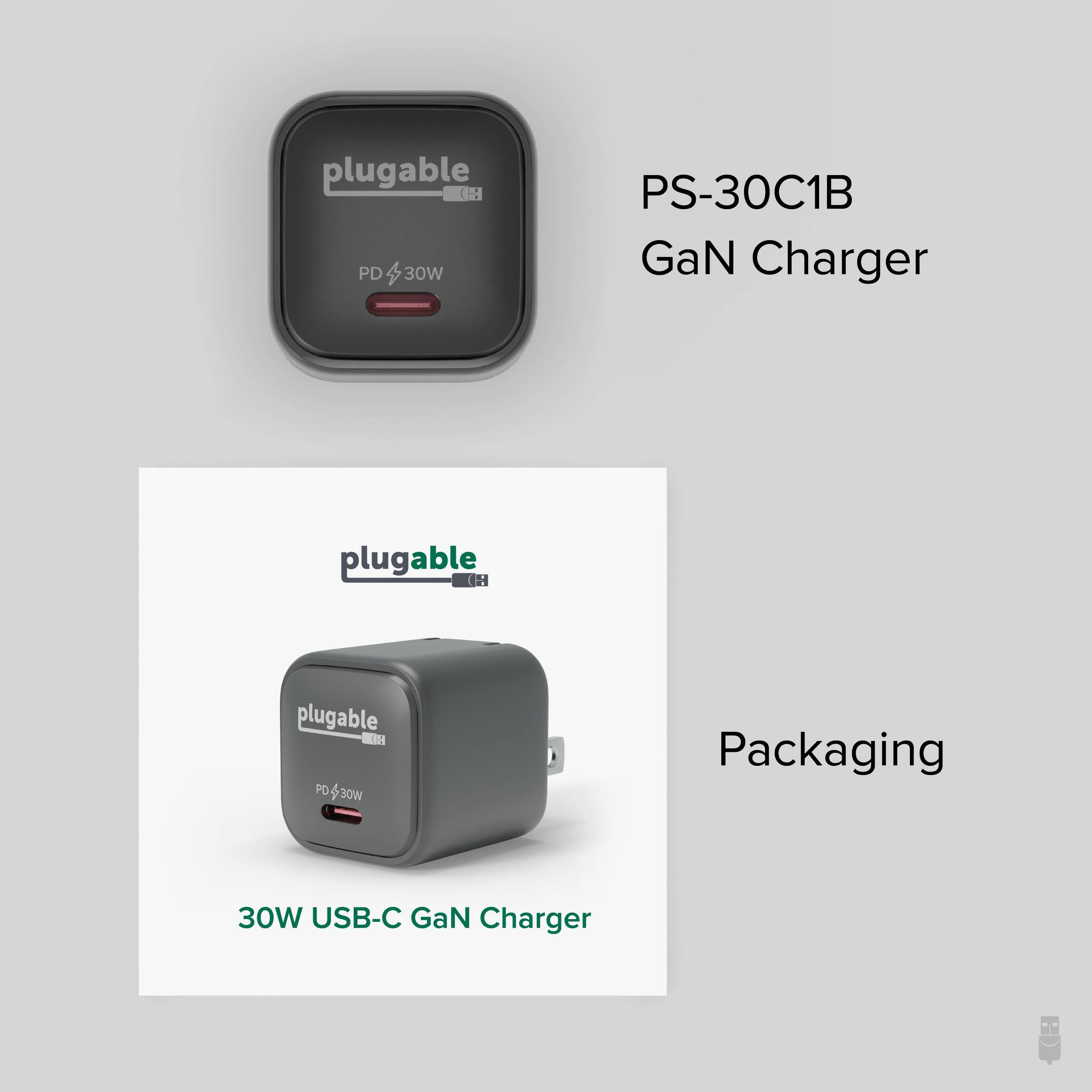 plugable (1 PD 30W PS-30C1B GaN Charger)  
plugable - PD 30W Packaging  
30W USB-C GaN Charger