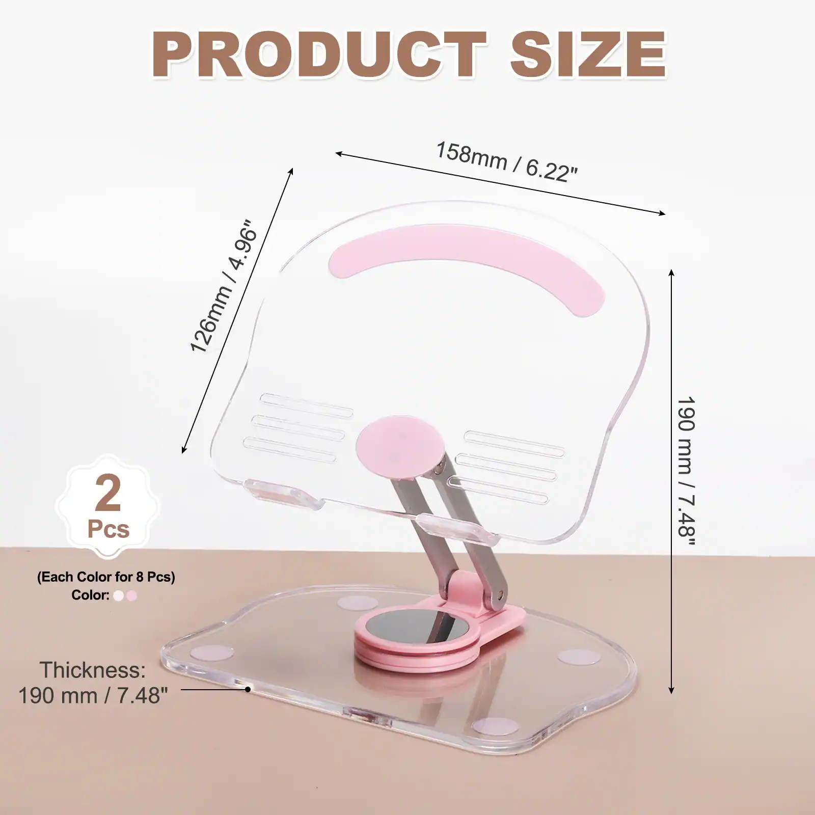PRODUCT SIZE

4.96" - 126mm

2 Pcs (Each Color for 8 Pcs)

Color: 158mm / 6.22"

Thickness: 190 mm / 7.48"