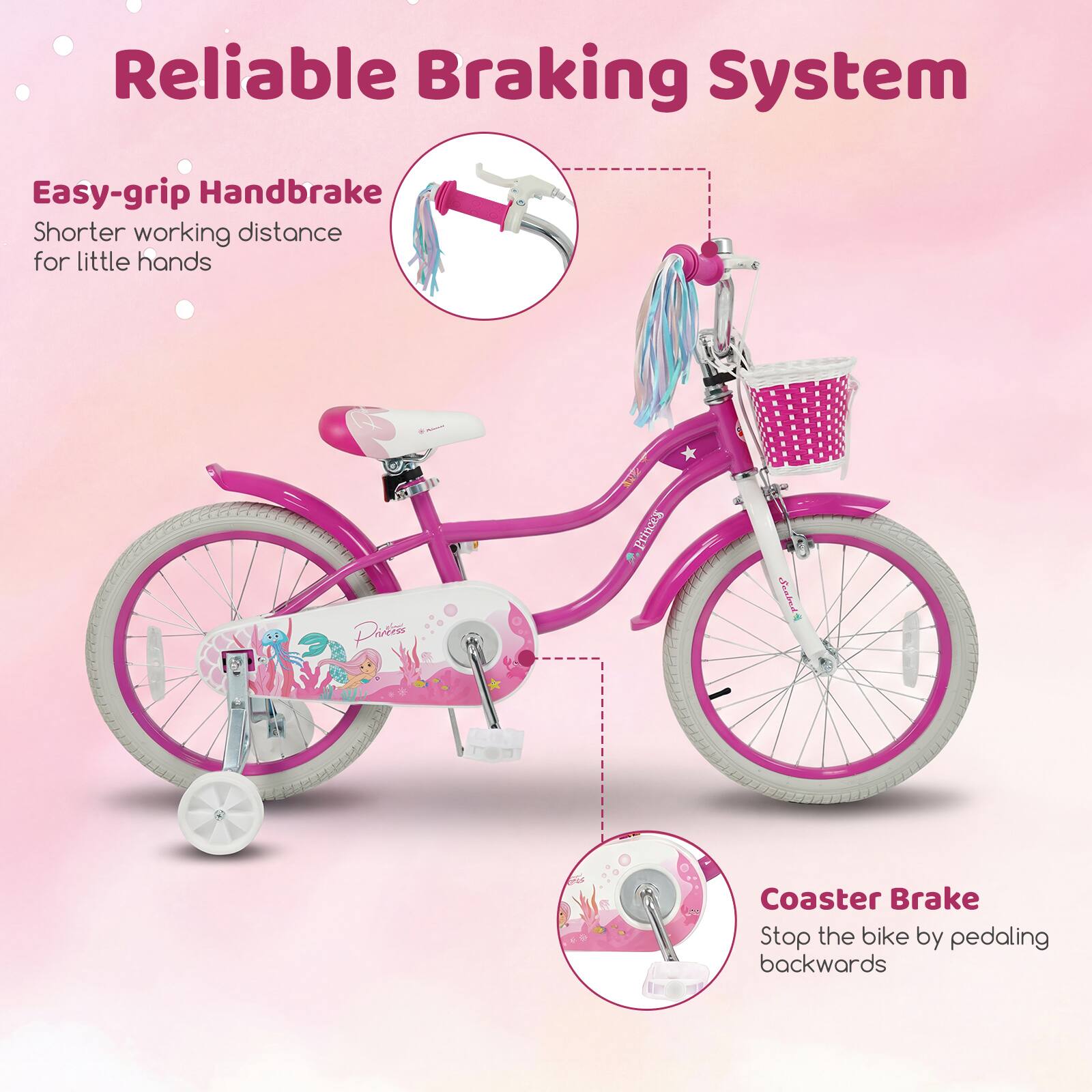 Reliable Braking System

Easy-grip Handbrake  
Shorter working distance for little hands

Coaster Brake  
Stop the bike by pedaling backwards
