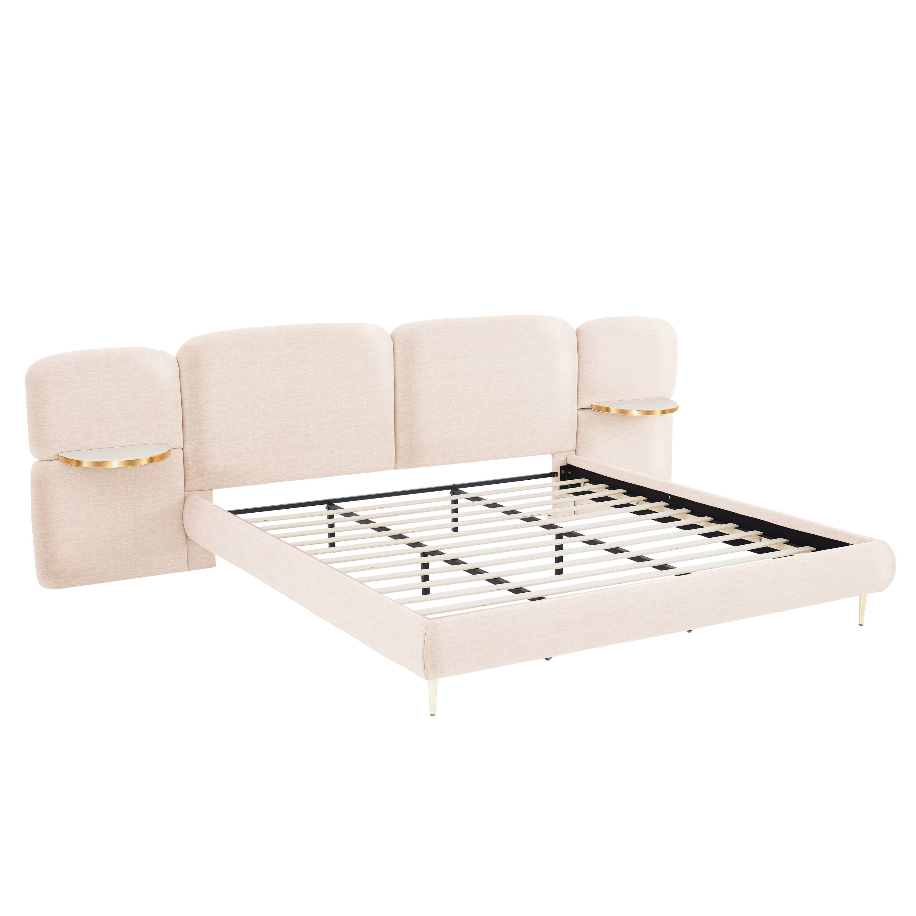 Angle. Whisen - Upholstered Platform Bed with Block-Shaped Headboard and Integrated Side Table Shelves - Beige.