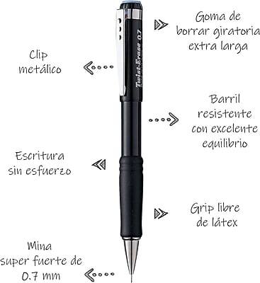 Clip metálico  
Escritura sin esfuerzo  
Goma de borrar giratoria extra larga  
Barril resistente con excelente equilibrio  
Grip libre de látex  
Mina super fuerte de 0.7 mm