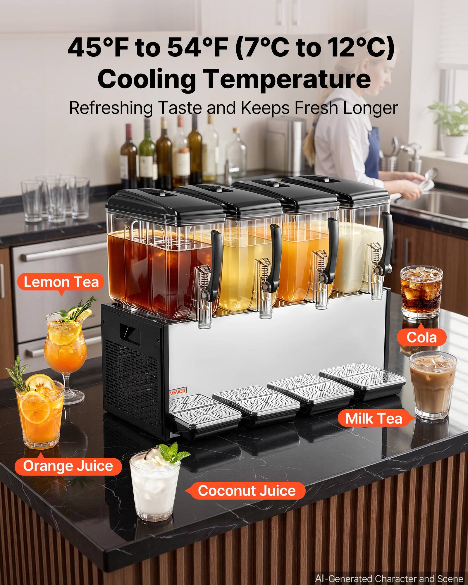 45°F to 54°F (7°C to 12°C) Cooling Temperature  
Refreshing Taste and Keeps Fresh Longer

Lemon Tea  
Cola  
Milk Tea  
Orange Juice  
Coconut Juice  

AI-Generated Character and Scene