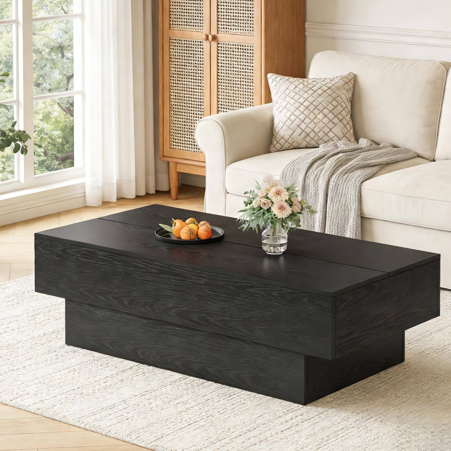 Alt View 2. Tribesigns - 55" Black Rectangle Coffee Table for Living Room - Black.